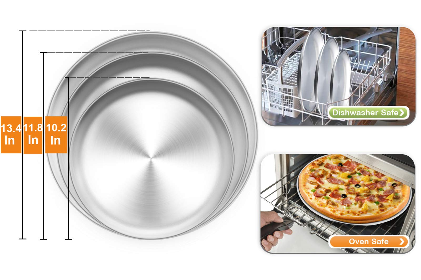 Teamfar Pizza Pan, 10    & 12    & 13.4   , 3 Pcs Pizza Pan Set Stainless Steel Pizza Pan Round Pizza Oven Pans Tray For Baking