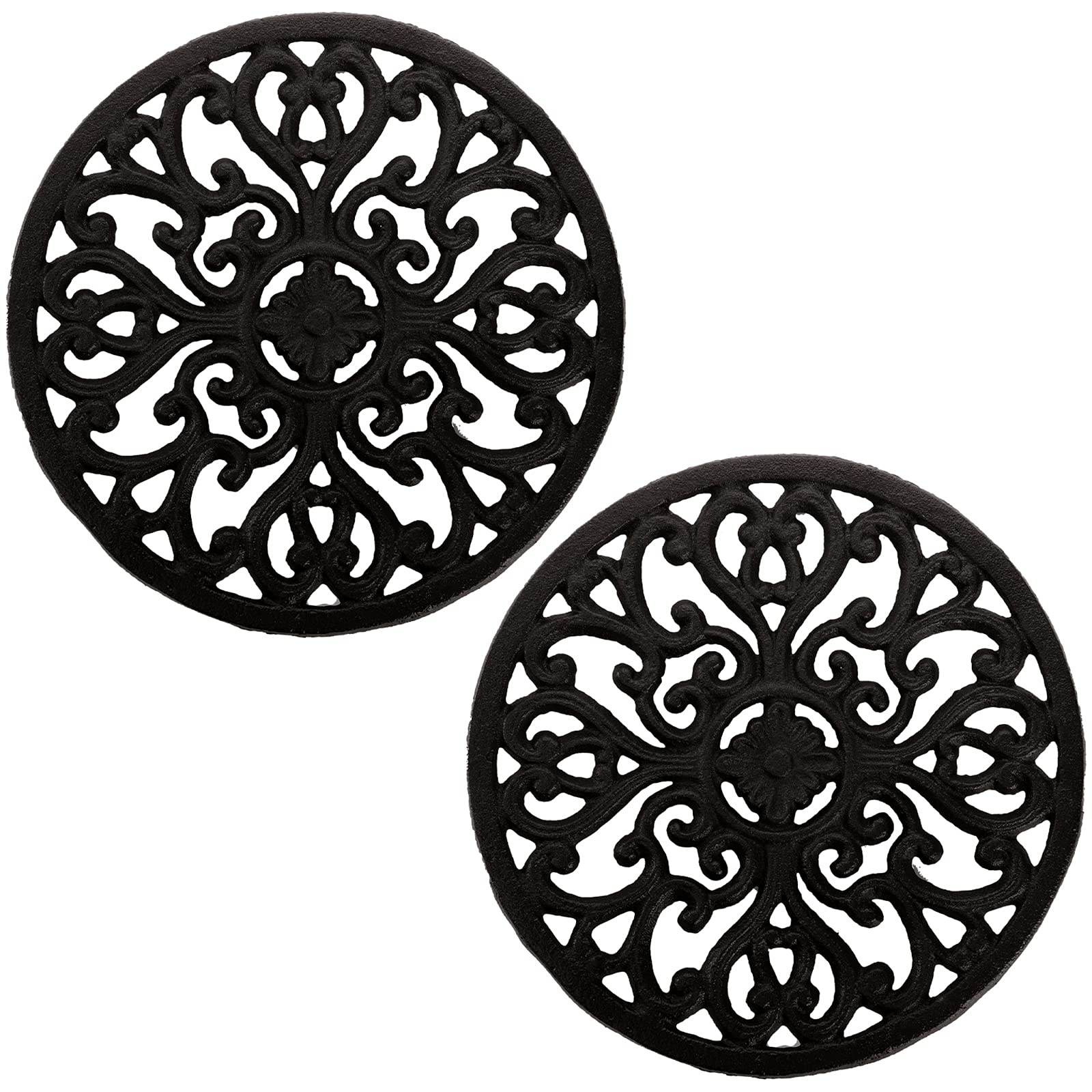 Hedume 2 Pack Cast Iron Trivet, 6.8'' Cast Iron Round Trivet With Vintage Pattern And Rubber Pegs/Feet For Serving Hot Dish, Pot