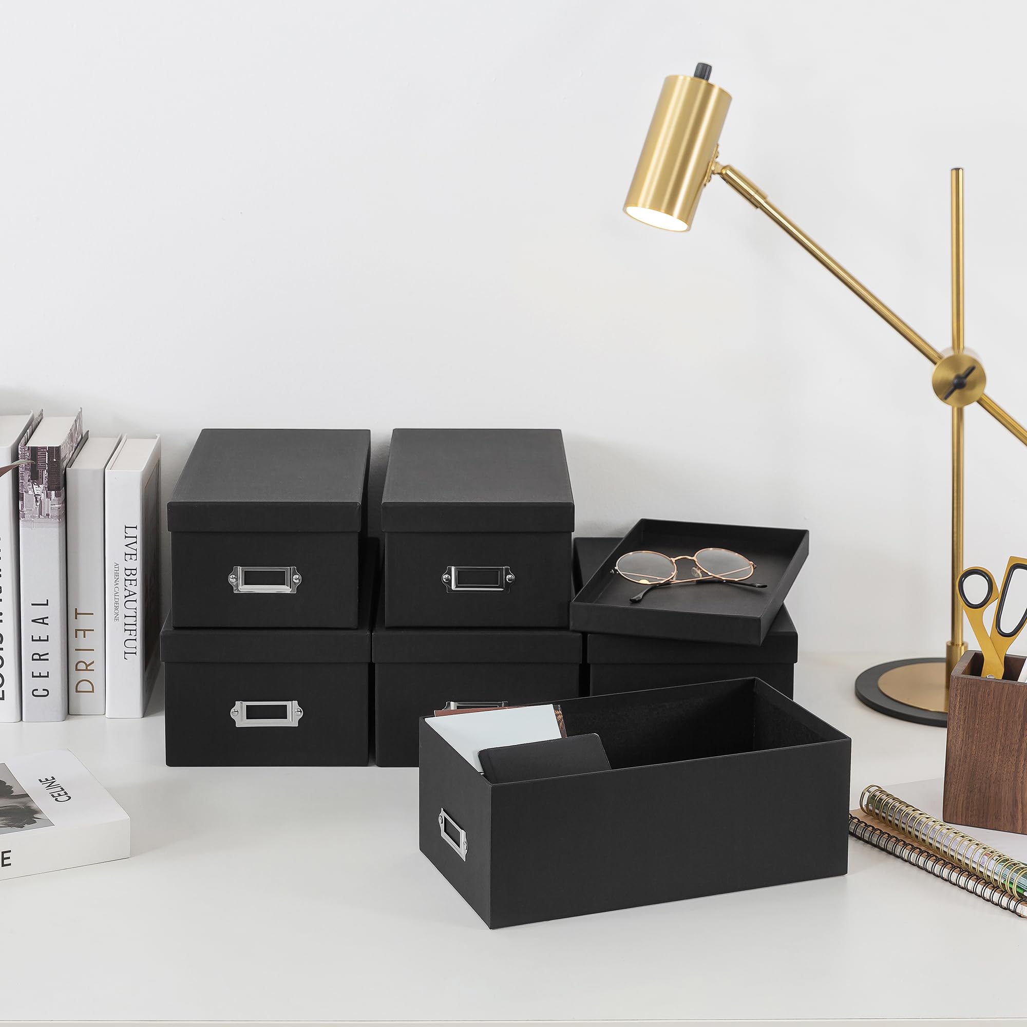 Soul & Lane Black Storage Boxes - Set of 6 (3 Large, 3 Medium), Keepsake Memory Storage Boxes with Lids, Cardboard Organizers wi