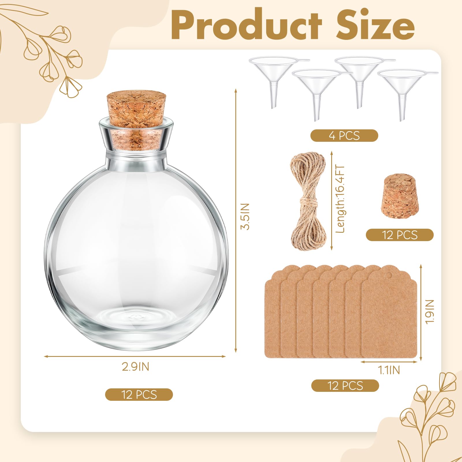 Baderke 12 Sets 5 oz Mini Glass Bottle with Cork Lids Round Small Decorative Jar Ball Shaped Glass Potion Bottles with Tags, Rop