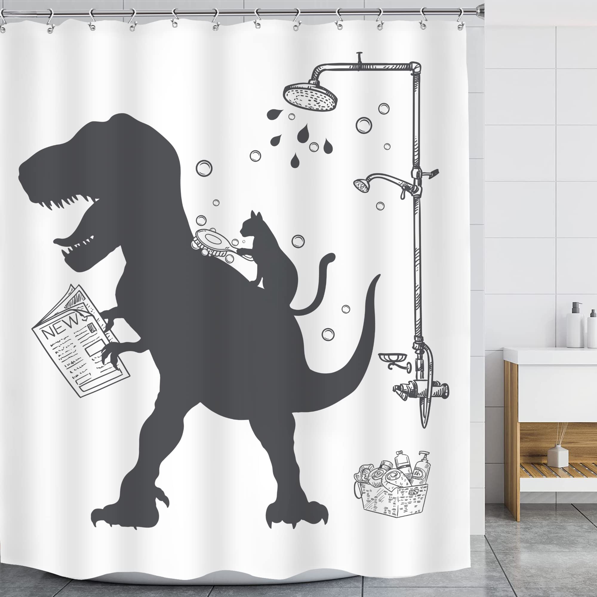 Lghtyro Funny Dinosaur Kid Shower Curtain Bathroom Set 60Wx71H Inches Cartoon Dino Cat Trex Animal Raptor Silhouette Shadow Bath