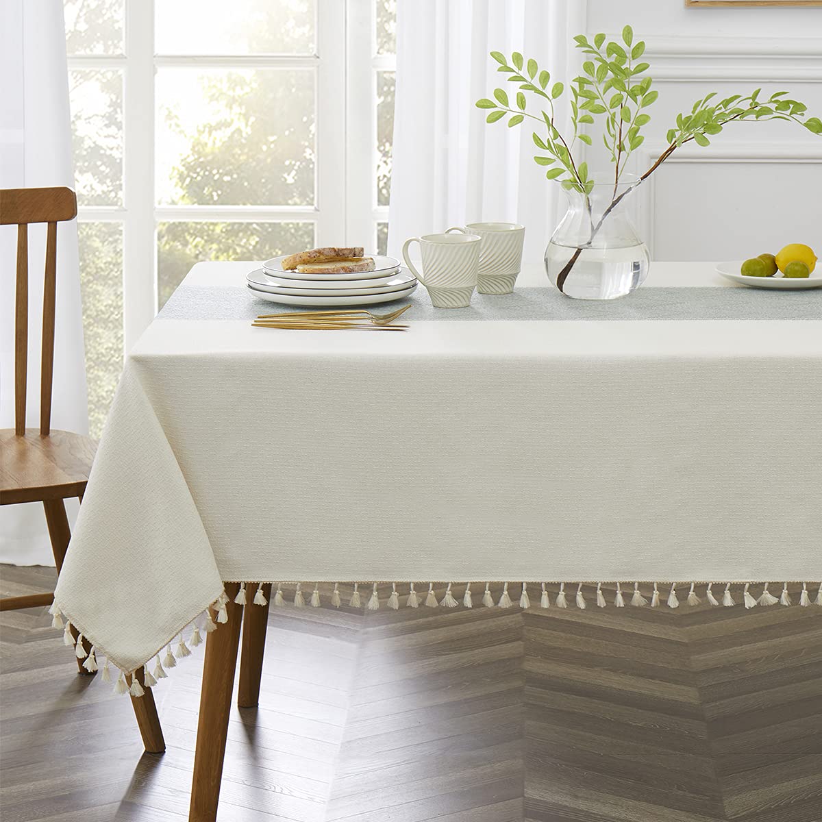 Qianquhui Embroidered Tablecloth For Dining Table,Dust Proof Spillproof Soil Resistant Cotton Linen Rectangle Table Cloths (Blue