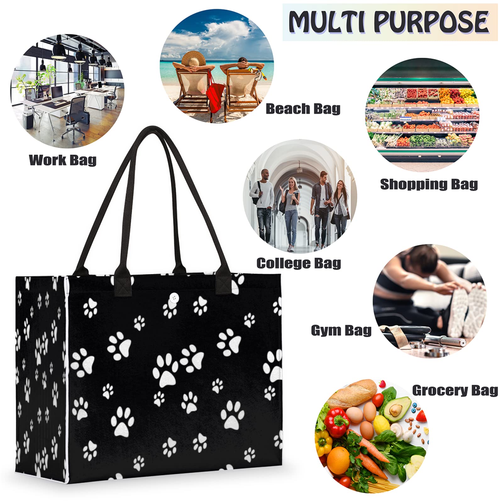 Auuxva Beach Tote Bag White Puppy Paw Print Black Large Travel Bag Utility Tote Bag Women Shoulder Bag Reusable Grocery Bag With