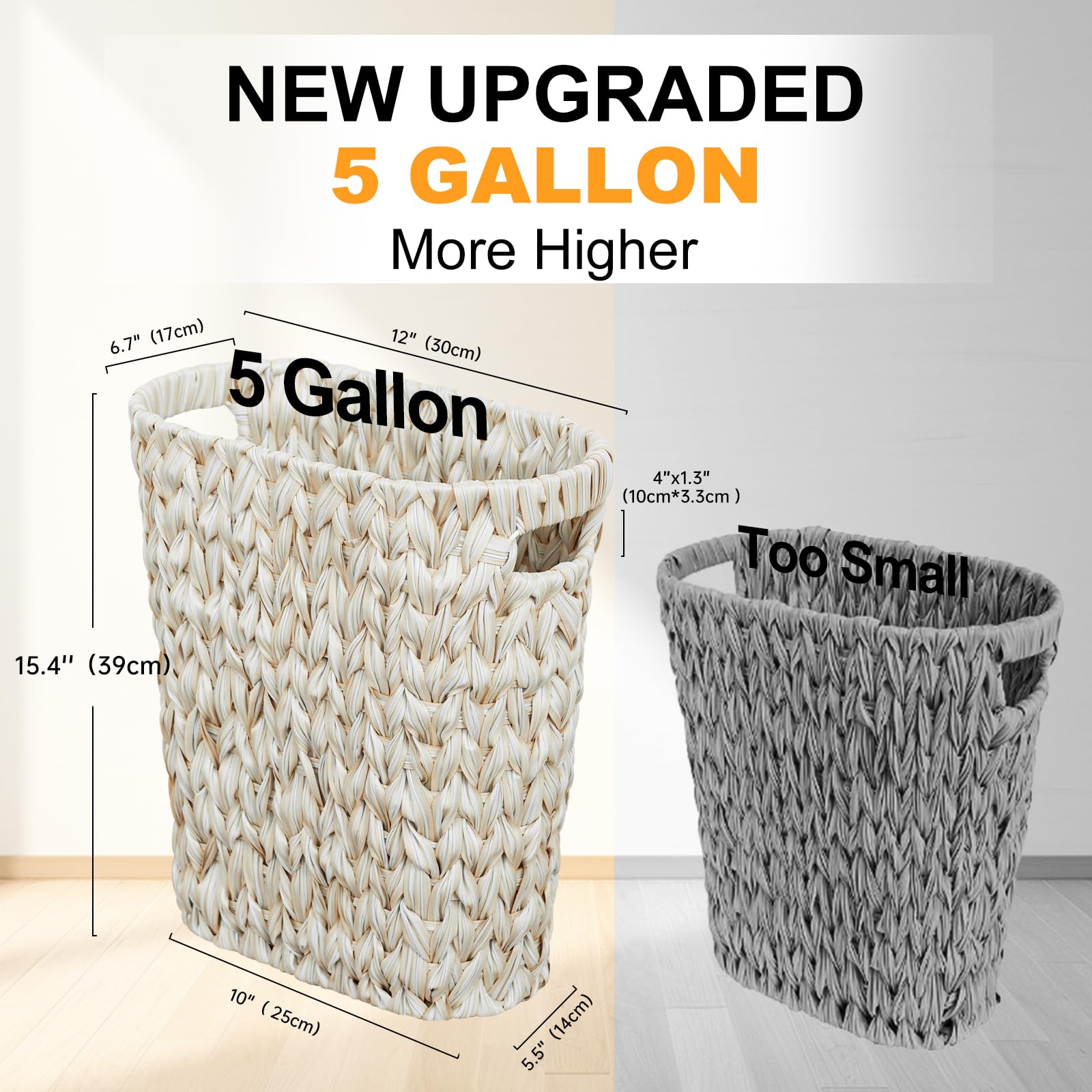 Coeusy Wicker Trash Can,Bathroom Trash Can,Waterproof Wicker Waste Basket For Bathroom,Narrow Small Waste Basket For Bedroom,Off