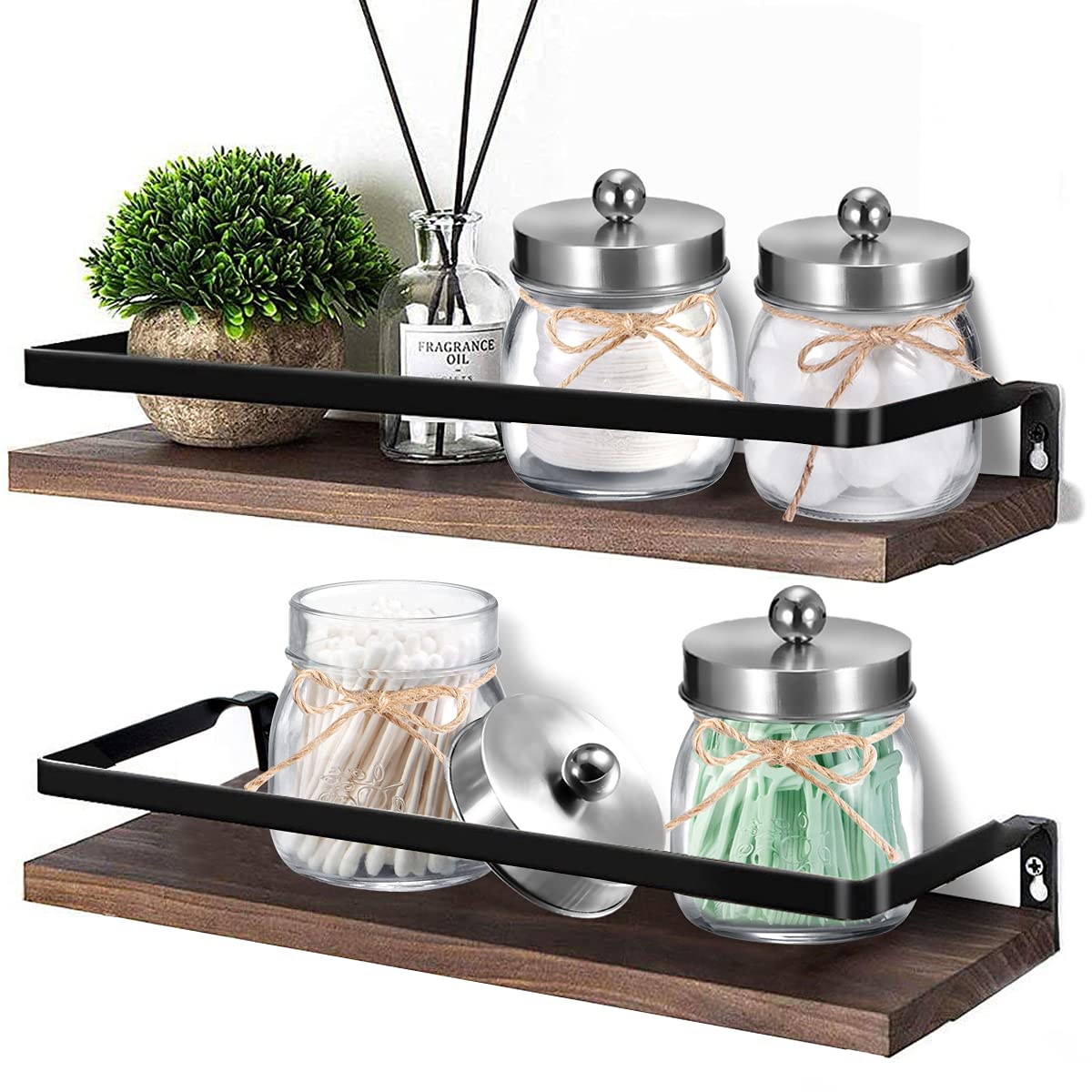 Farmhouse Rustic Decorative Mason Jars  Bathroom Vanity Storage Organizer Canisters Cute Glass Apothecary Jars with Stainless Steel Lid for Cotton Swabs Rounds Balls Floss pick 4 Pack (Brushed nickel)