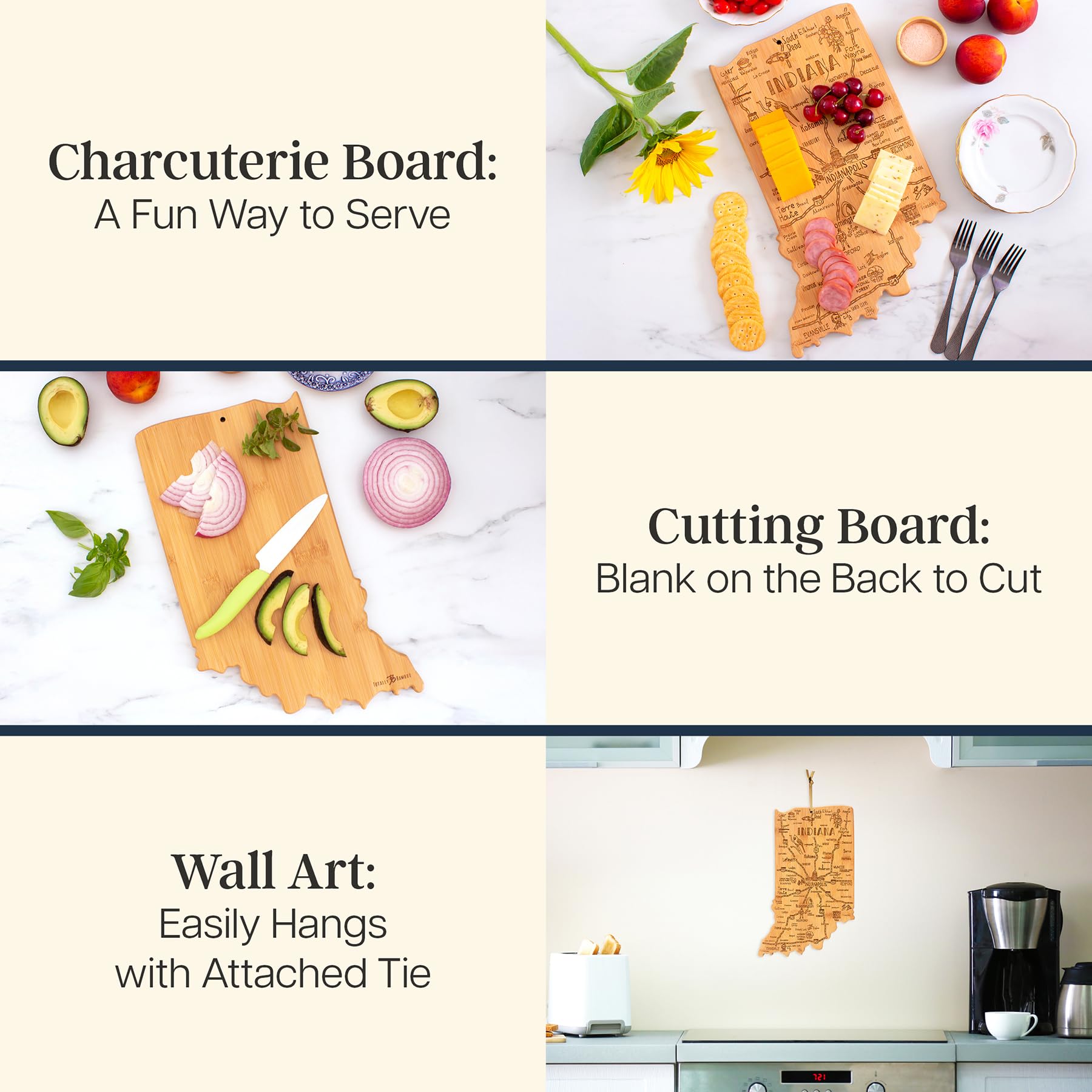 Totally Bamboo Destination Indiana State Shaped Cutting Board, Charcuterie and Cheese Serving Board - Indiana Gift for Home D  c