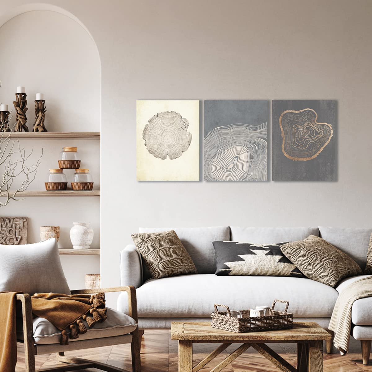 Anyzal Canvas Tree Ring Wall Art, Pastel Gray Artwork, Minimalist Wall Art-12''X16''X3 Panels, Wood Spirals Nature Drawings Abst