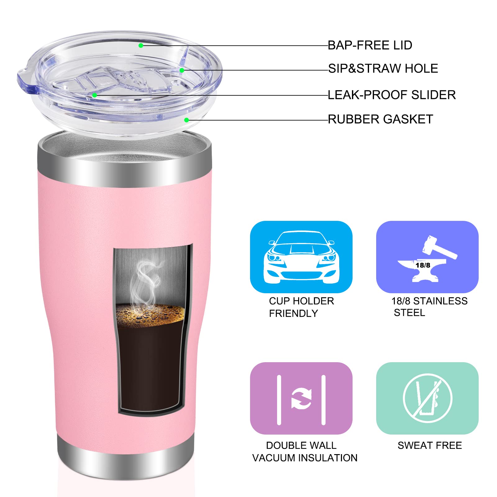 Vegond 20Oz Tumbler Stainless Steel Tumbler Cup With Lid And Straw Vacuum Insulated Double Wall Travel Coffee Mug(Pink 12 Pack)