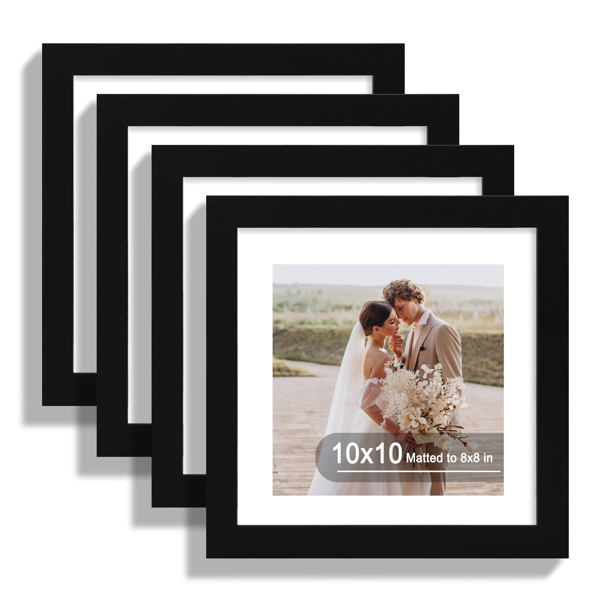 Hongkee 10x10 Picture Frame Set of 4, Made of Real Glass and Black Wooden Frame - Display Picture 8x8 with Mat or 10 x 10 Withou