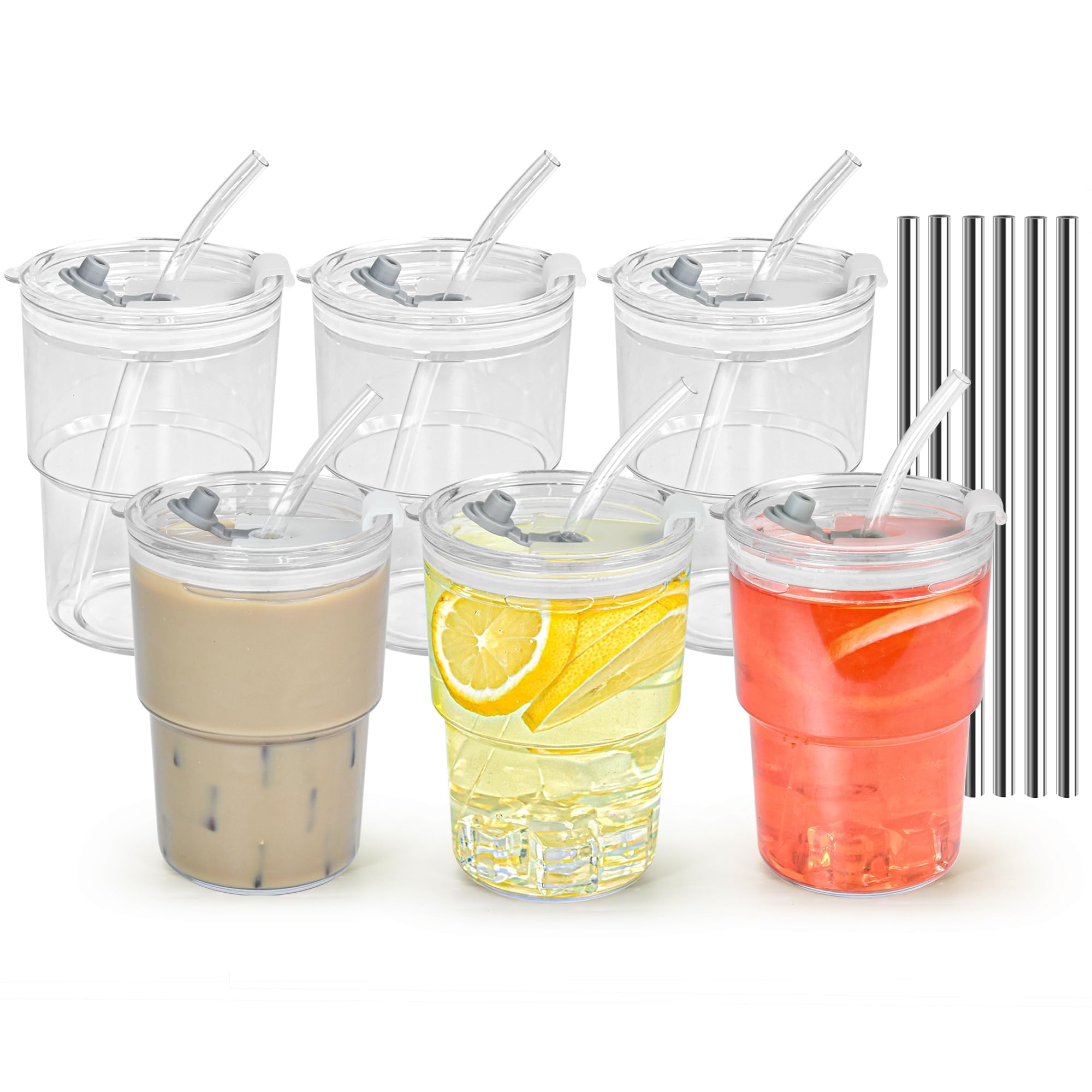 Icesip 15 oz Plastic Iced Coffee Cups with Lids and Straws Set of 6, Unbreakable Drinking Glasses Reusable Iced Coffee Glass to 