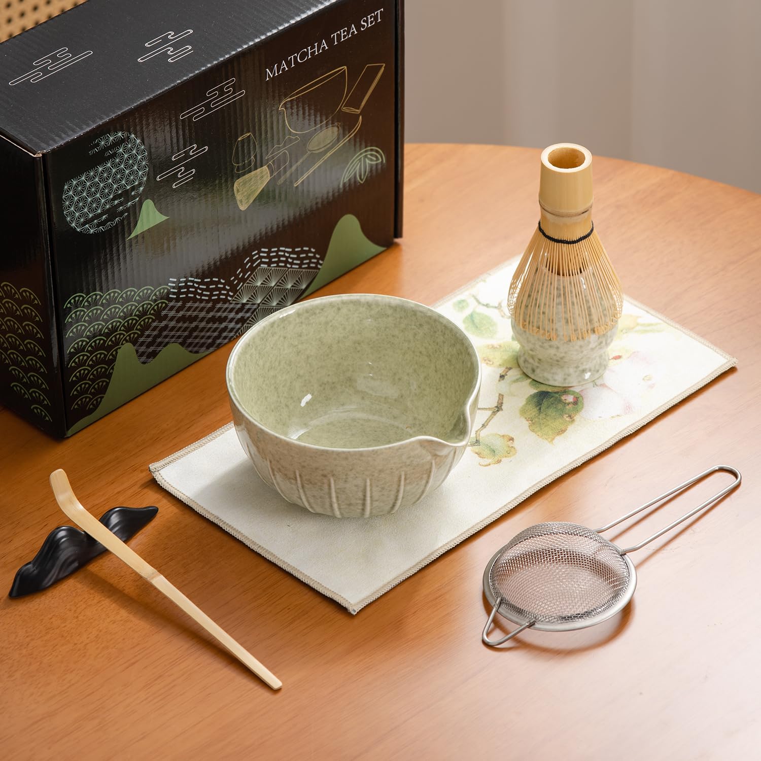 Japanese Matcha Ceremony Accessory, Matcha Whisk, Traditional Scoop (Chashaku), Tea Spoon, Whisk Holder, 1 Tea Bowl, 1 Tea Siev,