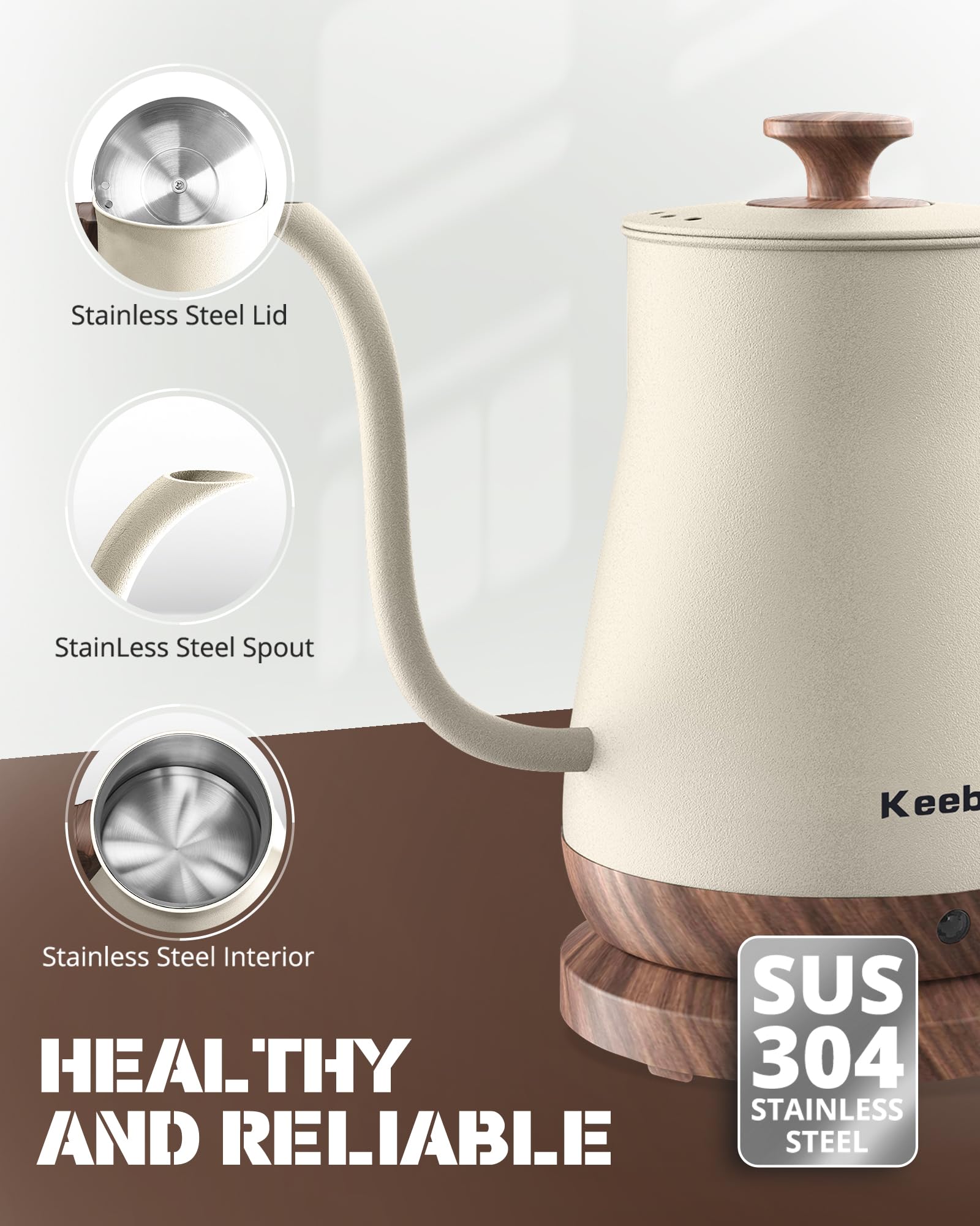 Keebar Gooseneck Electric Kettle Beige, 1000W Electric Tea Kettle Stainless Steel, Pour Over Kettle For Coffee, Wood-Like Grain
