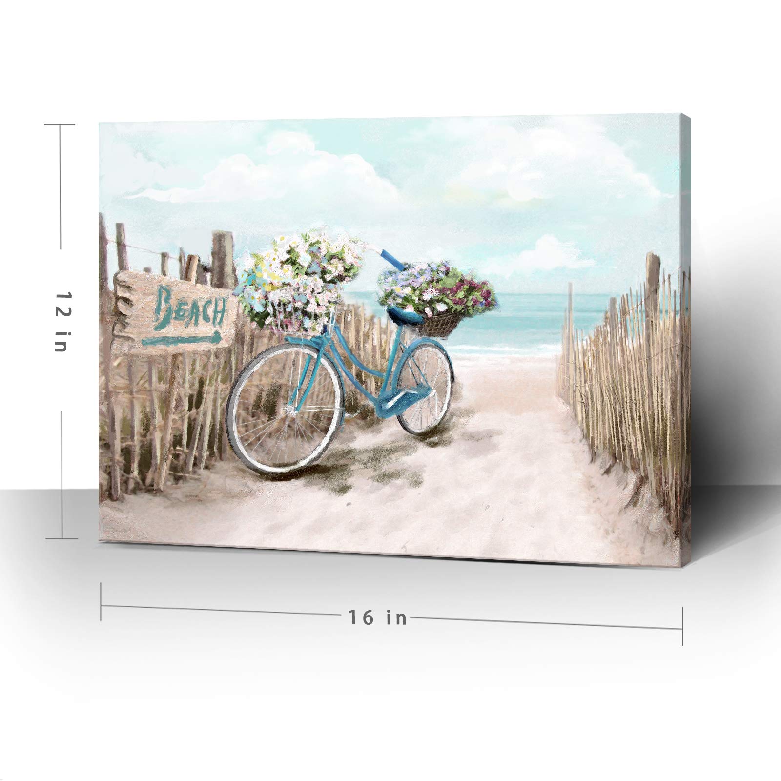Beach Canvas Wall Art For Bathroom Ocean Pictures Seaside Bicycle Canvas Print Seascape Painting Framed Teal Aqua Blue Calming S