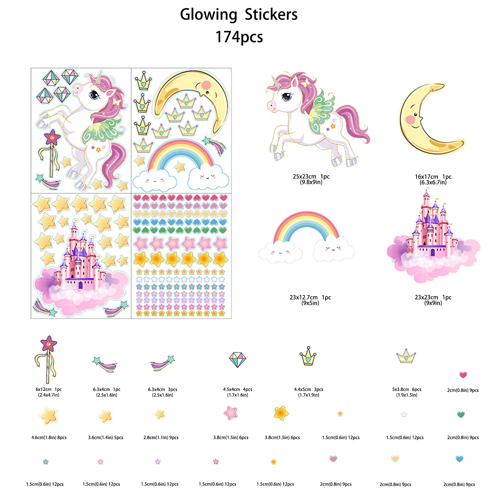 Glow in The Dark Stars and Unicorn Wall Decals  Glowing Castle Moon and Rainbow Stickers  174 pcs Luminous Ceiling Decor for Kids Bedroom  Great Wall Decor for Girls and Boys Gift