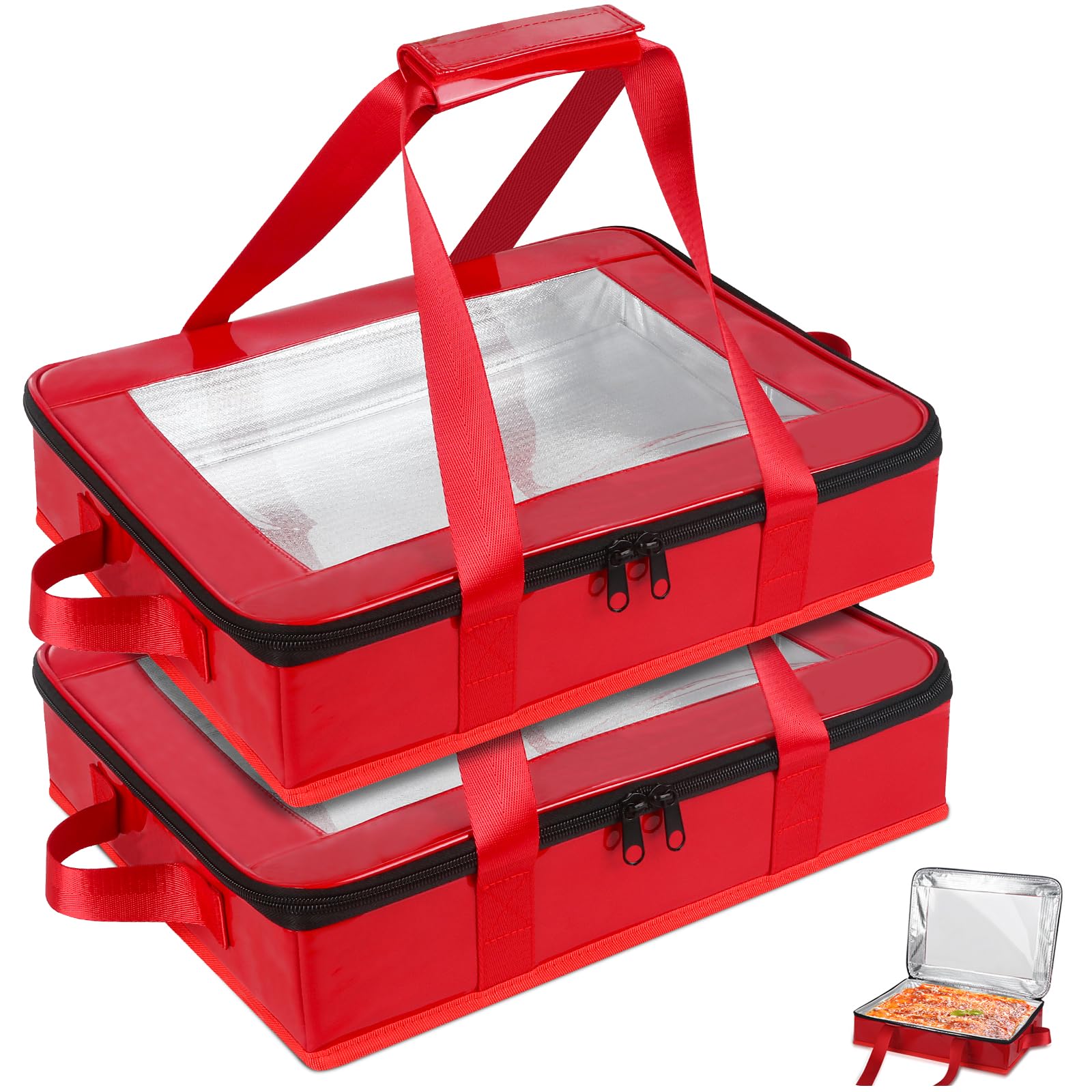 2 Pack Foil Pan Carrier with Clear Lid, PU Leather Aluminum Pan Holders with Long Handle,Serving Tray for Food,Insulated Cassero
