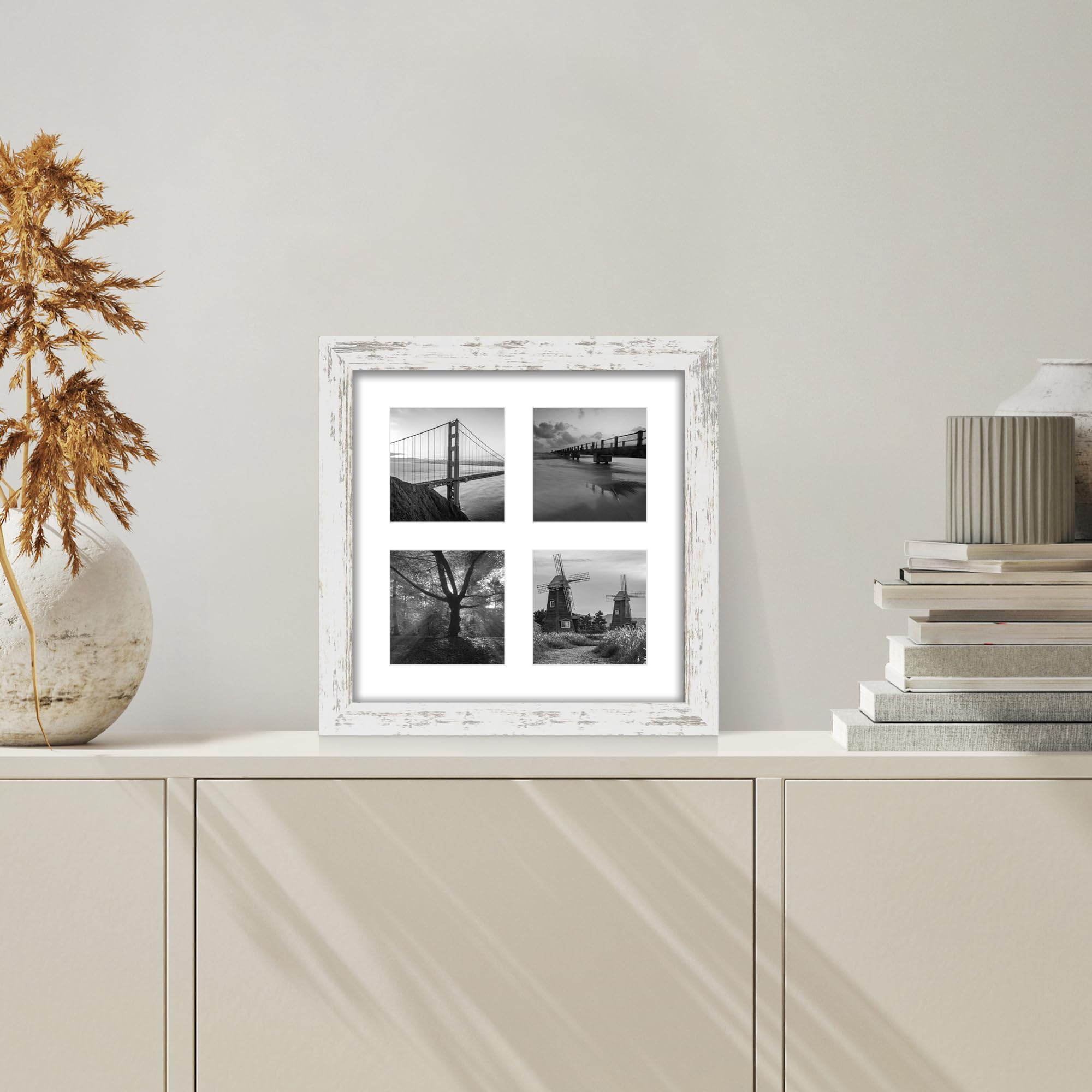 Hongkee 10x10 Picture Frame Set of 2, Real Glass and Distressed White Collage Frame, Display Pictures Four Opening 4x4 With Mat