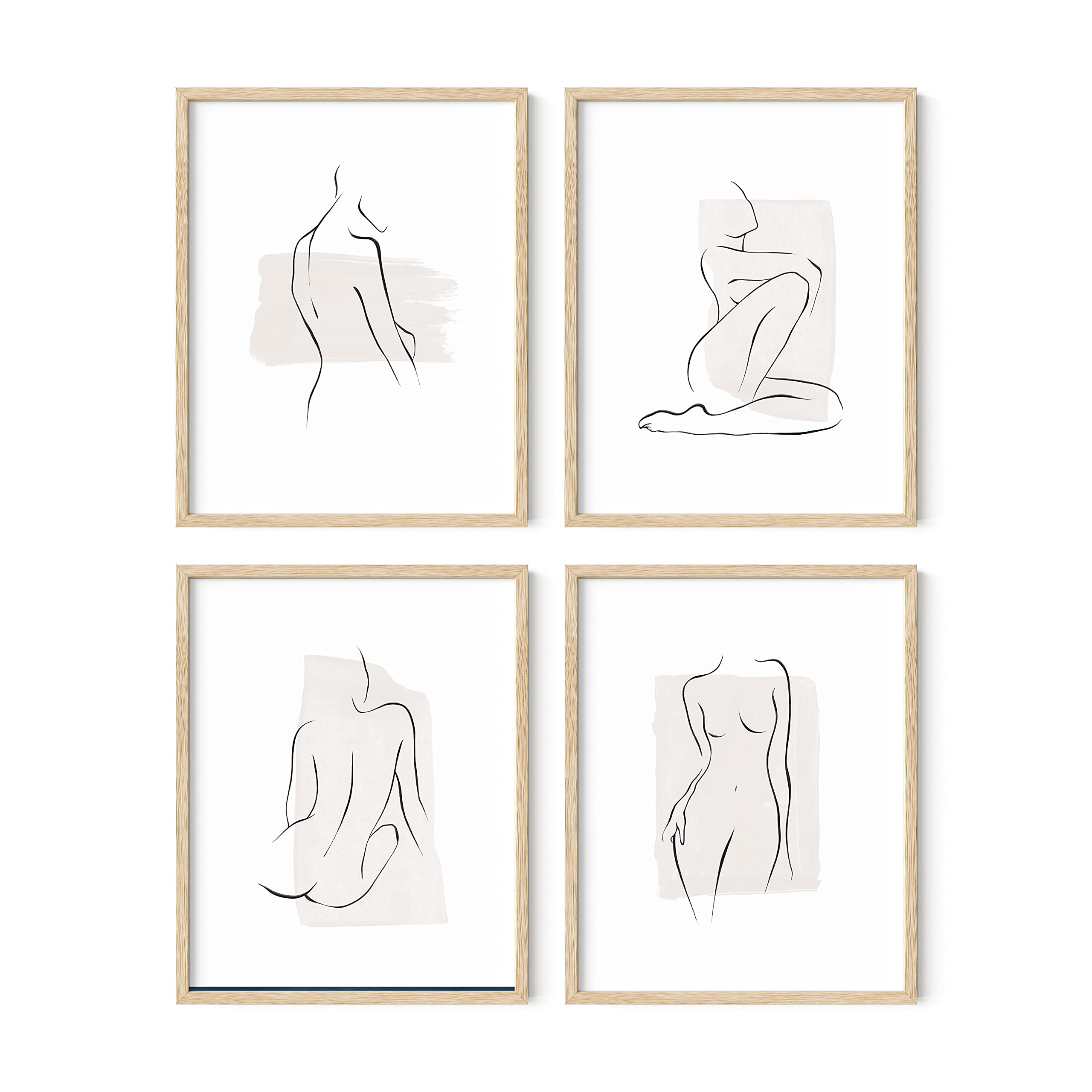 Ripgrip Minimalist Female Figure Wall Art - Set Of 4 Minimalist Wall Decor, Neutral Wall Art, Line Art Prints, Beige Wall Art (B