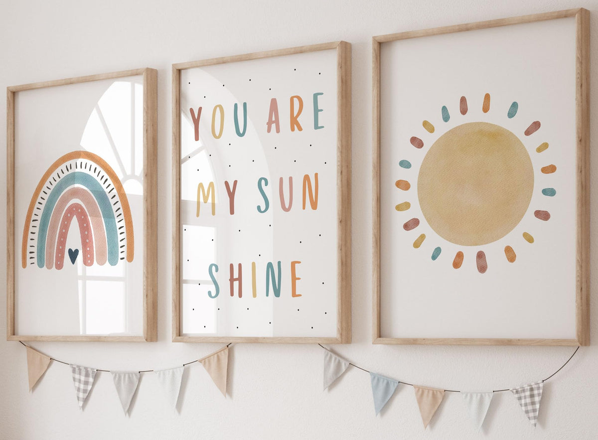 You Are My Sunshine Set Of 3 Unframed Poster Prints, Boho Rainbow Sun, Girls Boys Wall Art Home Decor, Playroom Bedroom Nursery,