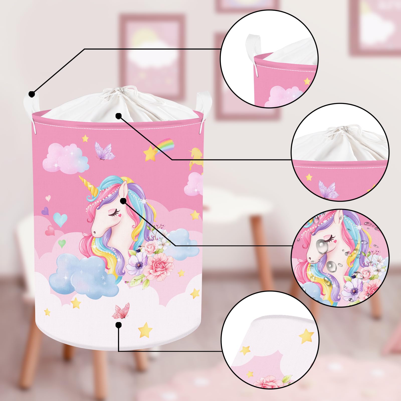 Clastyle 45L Pink Unicorn Laundry Basket For Girls Round Rainbow Kids Laundry Hamper Moon Stars Flower Cloud Toy Clothes Storage
