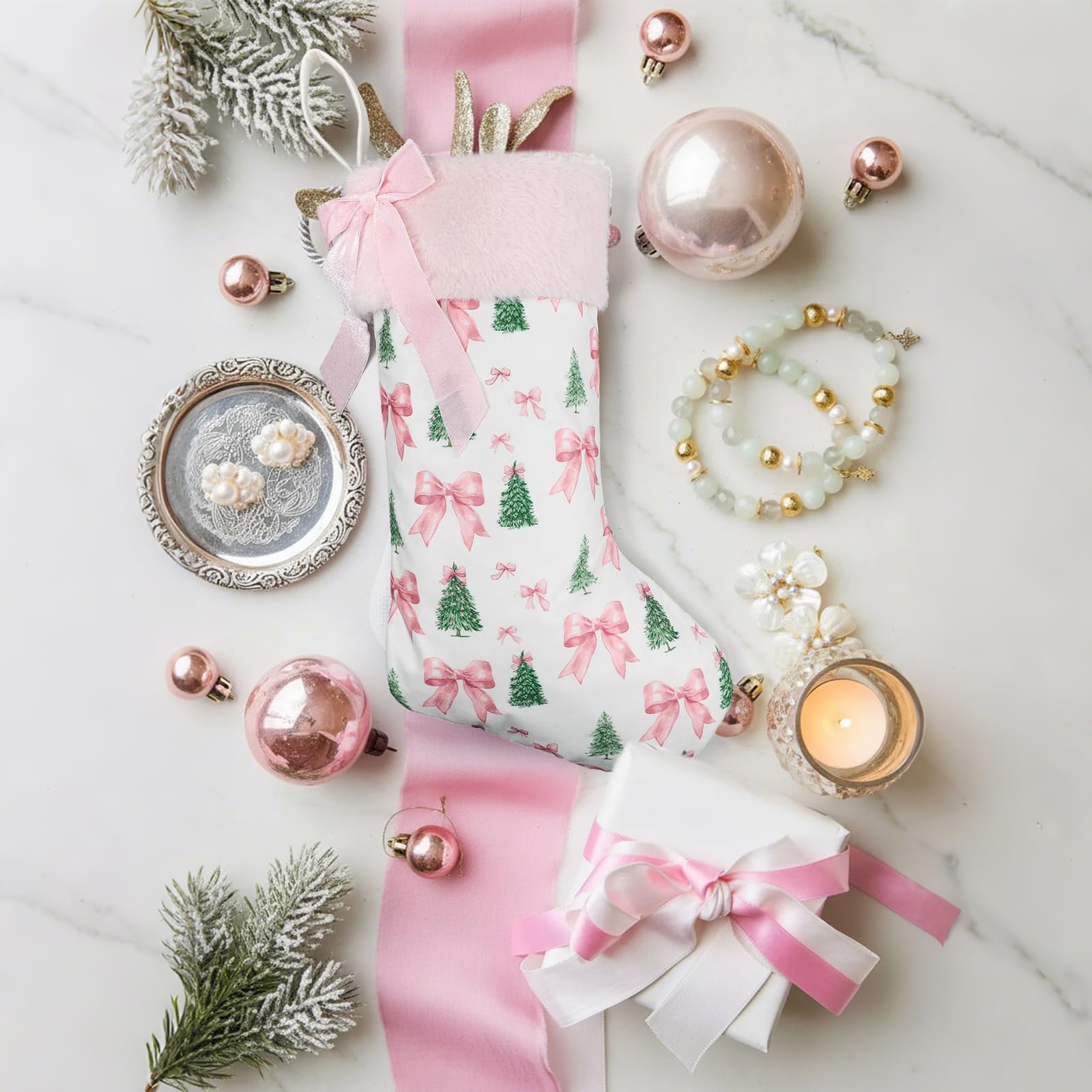 Realspring Christmas Tree Bow Pattern Xmas Stocking 18 Inches Canvas with Pink Faux Fur Babys First Xmas Stocking Gifts Firepla