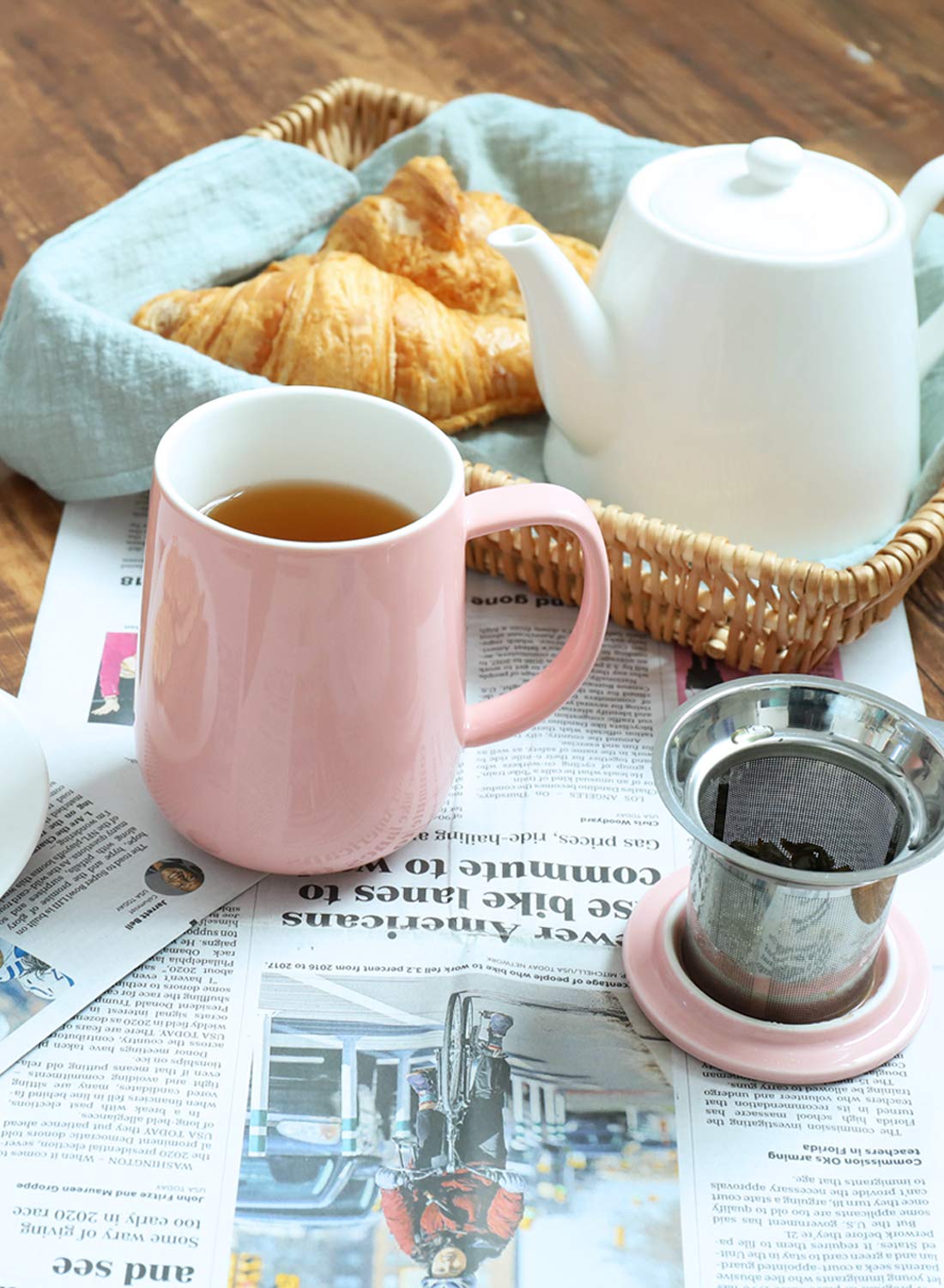 Sweese 20 Oz Porcelain Tea Mug With Infuser And Lid, Loose Leaf Tea Cup, Gifts For Tea Lover - Pink