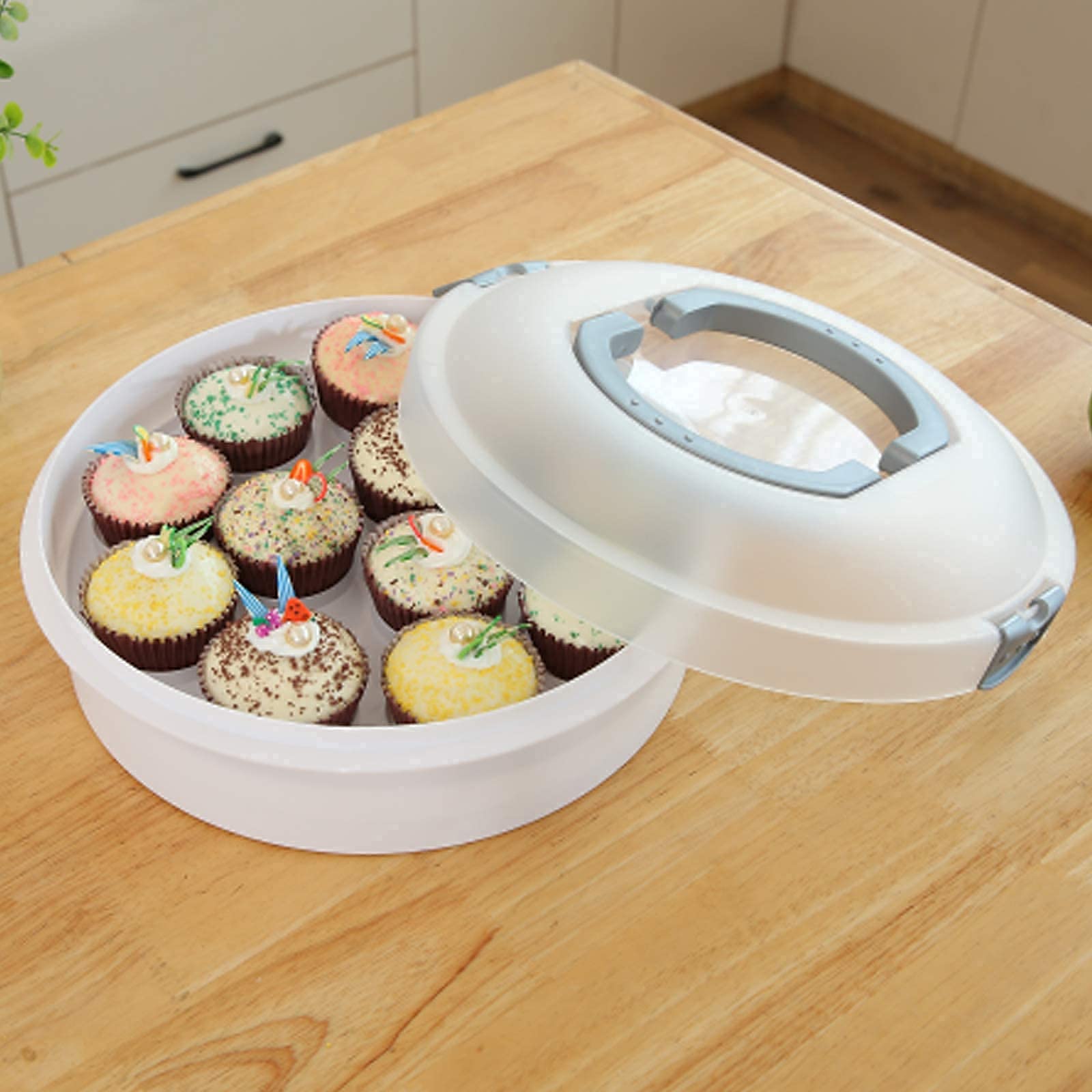 Feoowv 10 Inch Portable Pie Carrier With Lid And Tray 3-In-1 Round Cupcake Container Egg Holder Muffin Tart Cookie Keeper Food (
