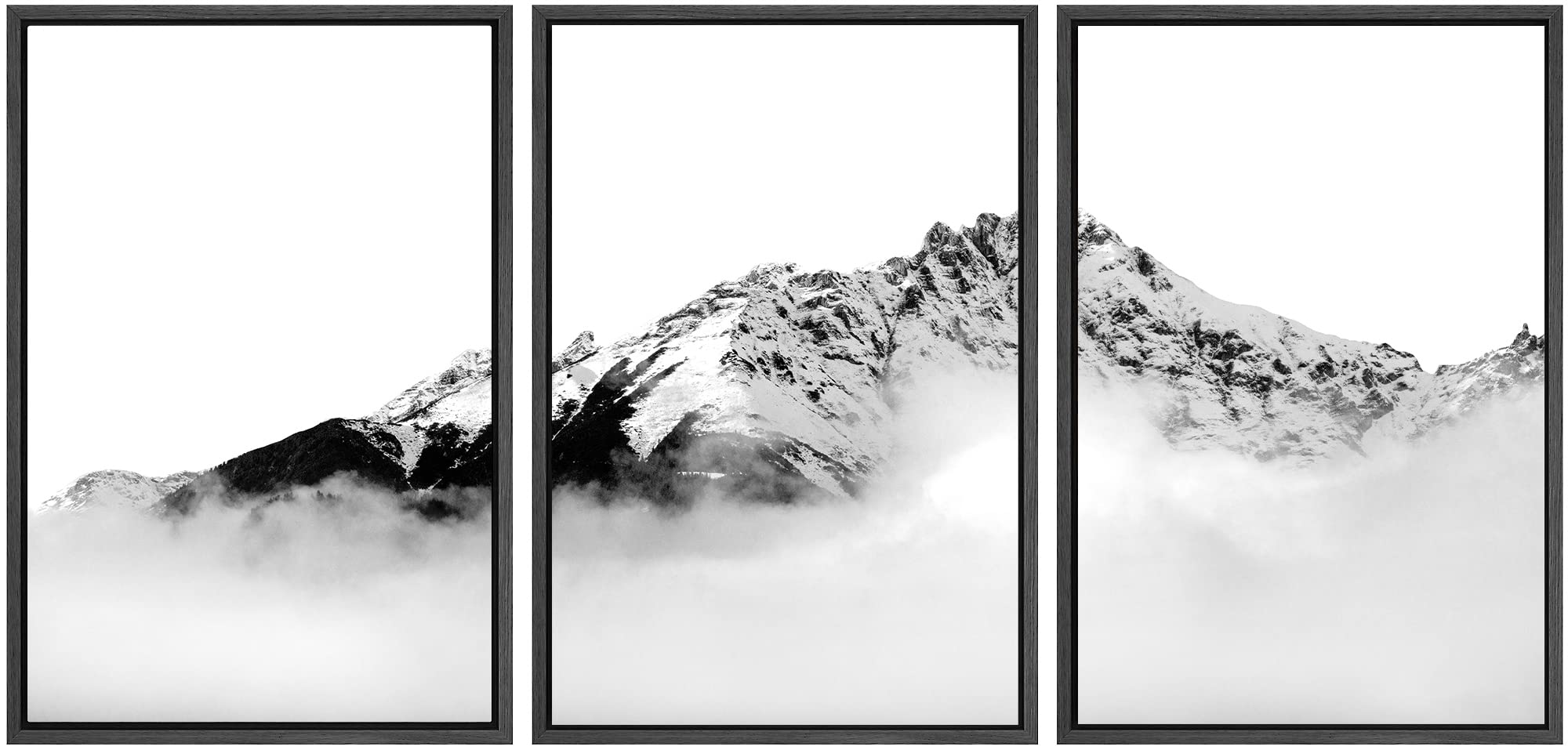 Signwin Framed Canvas Print Wall Art Set Black & White Misty Winter Mountain Snow Collage Nature Wilderness Photography Modern A