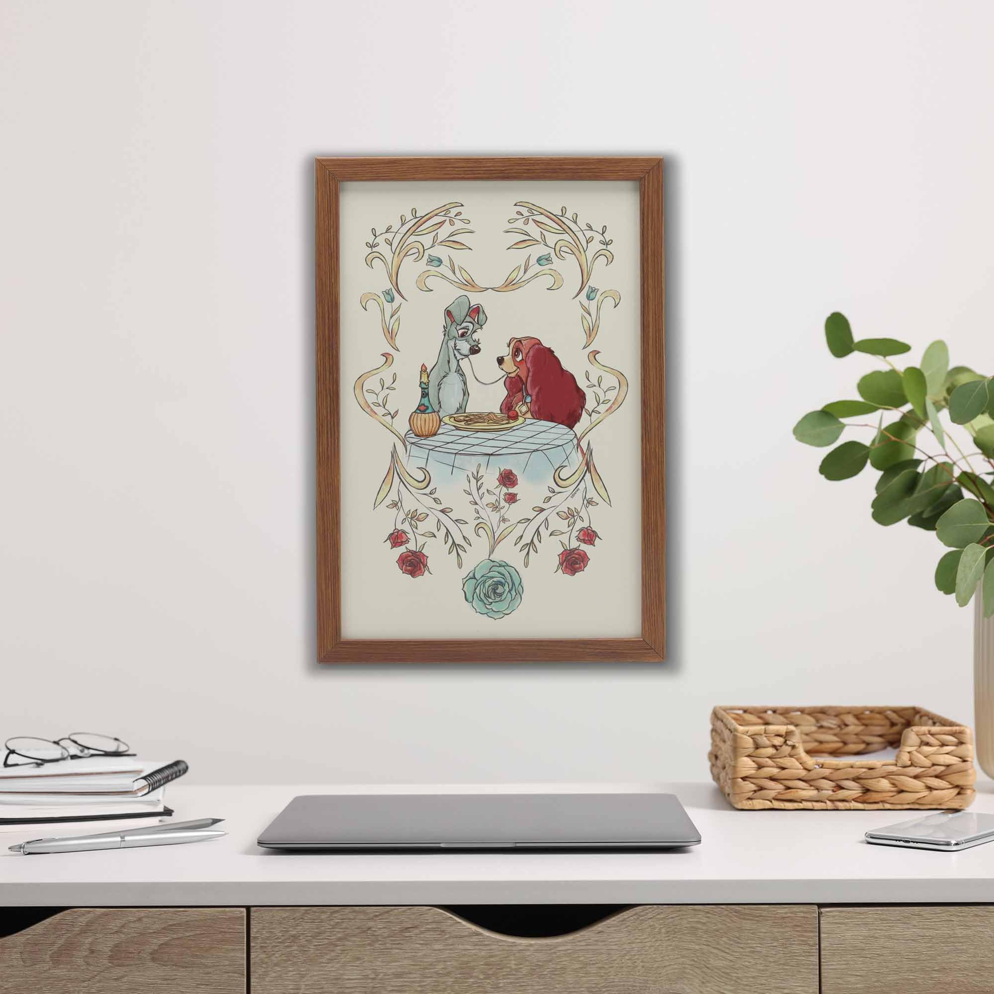 Disney Lady and the Tramp Spaghetti Scene Framed Wood Wall Decor - Romantic Classic Movie Wall Art for Home