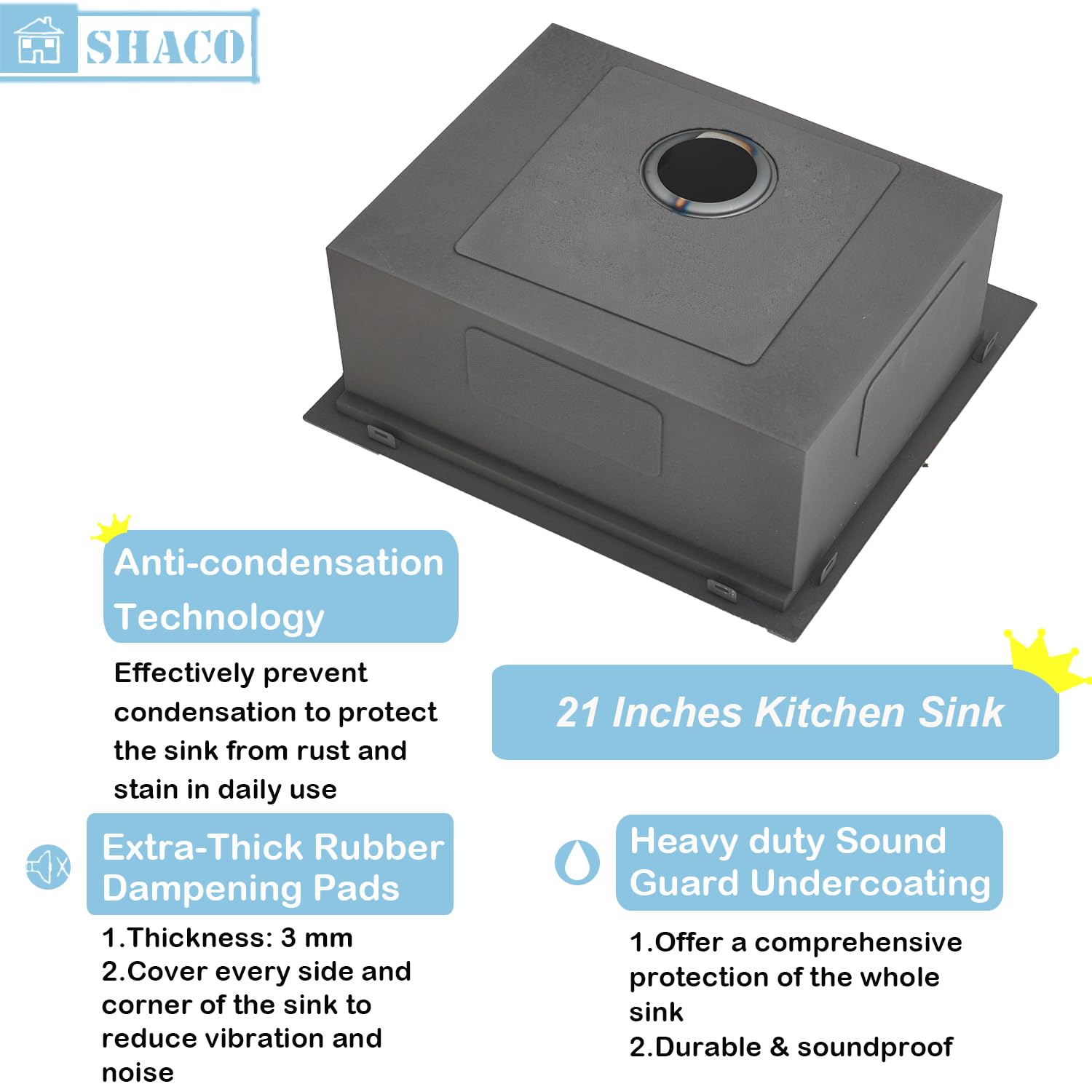Shaco 21X20 Inch Black Kitchen Sink, 21 Inch Gunmetal Black Undermount Single Bowl Bar Sink, Handmade Stainless Steel 16 Gauge W