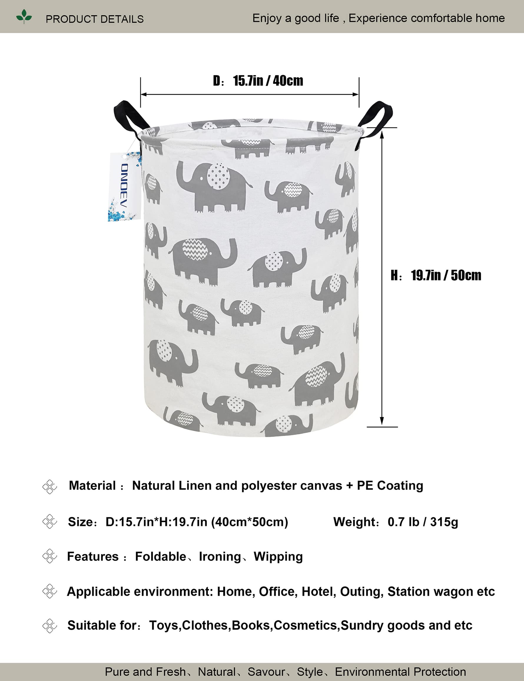ONOEV Round waterproof laundry basket?foldable storage basket?laundry Hampers with handle?gift basket suitable for children 's room and toy storage (Grey Elephant)