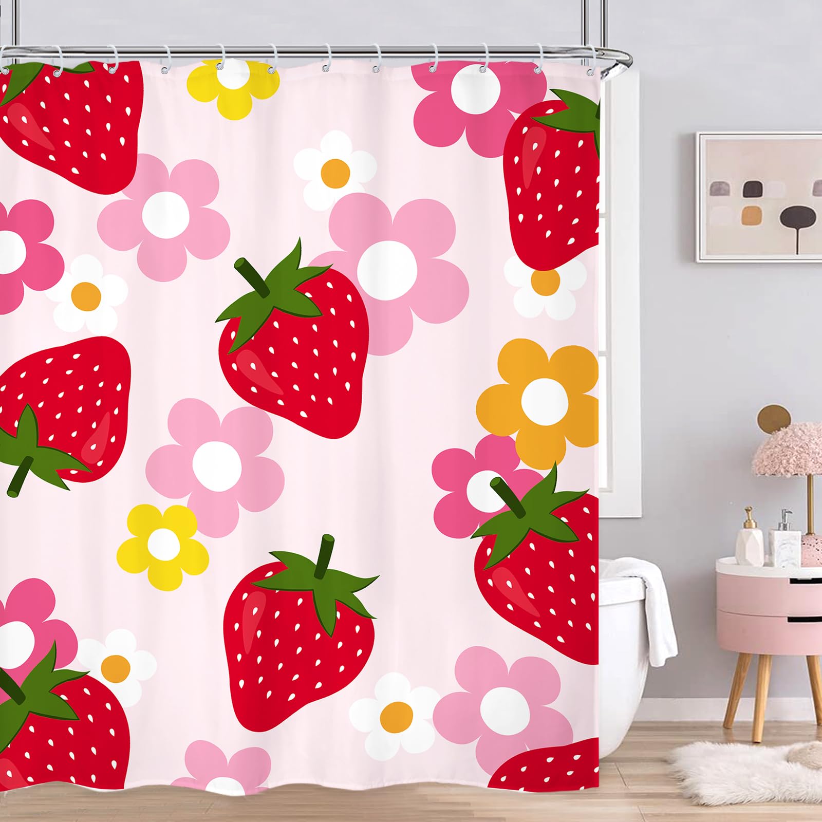 Kalmico Cute Strawberry Fruit Shower Curtain 60Wx72L Inch Girls Flower Floral Y2K Pink Red Bathroom Set Accessories Decor Polyes