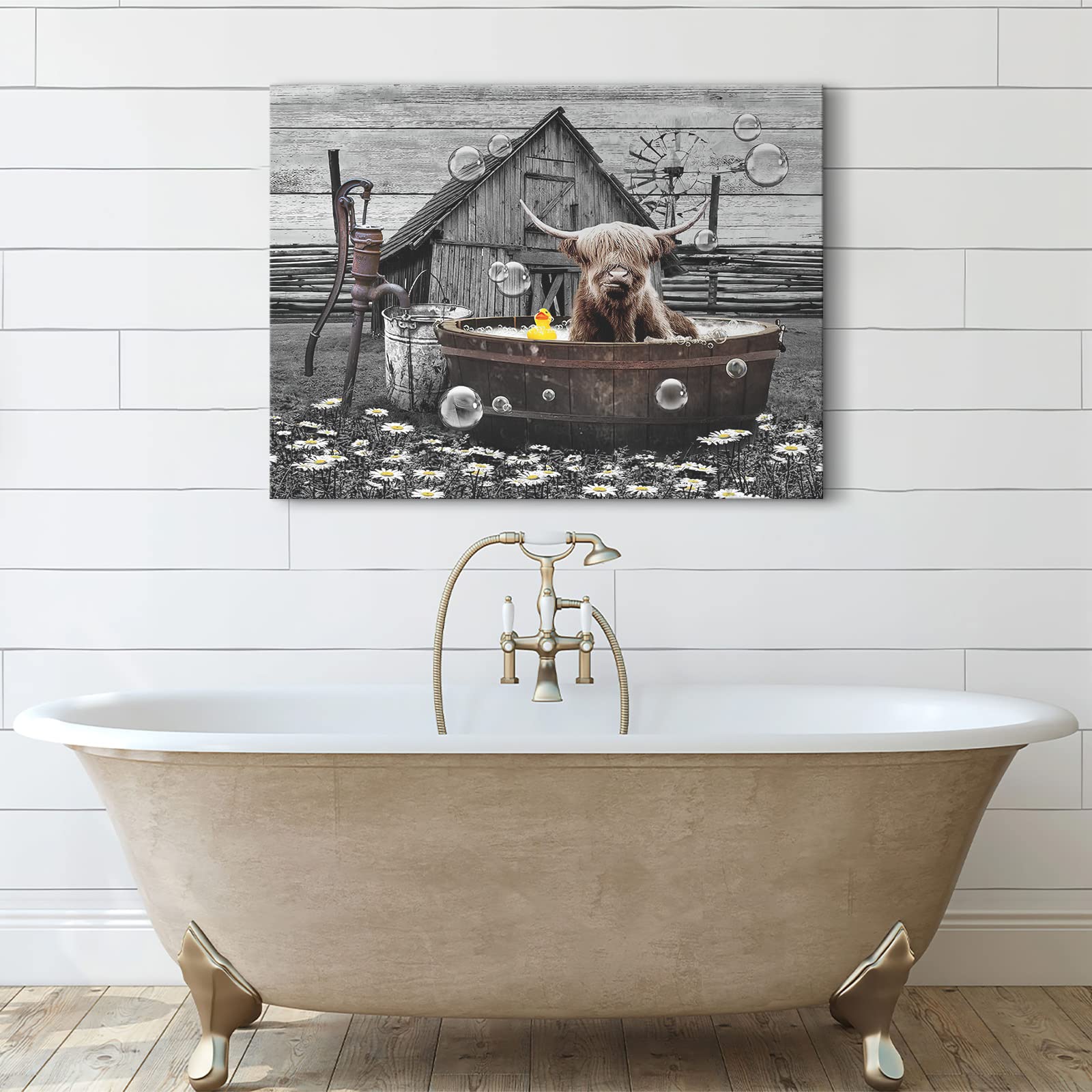 Farmhouse Bathroom Decor Wall Art Funny Highland Cow In Bathtub Pictures Wall Decor Rustic Bathroom Cow Painting For Bathroom To