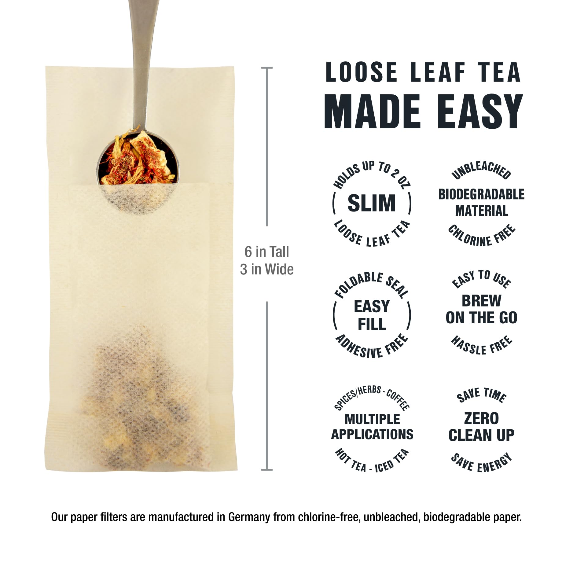 Tiesta Tea - Loose Leaf Tea Filters | Disposable Tea Infuser  100% Natural Unbleached Paper  Steeps Hot  Iced Tea & Coffee  Easy Fill Single Serve Filter for One Cup - 100 Empty Tea Bags (Pack of 6)