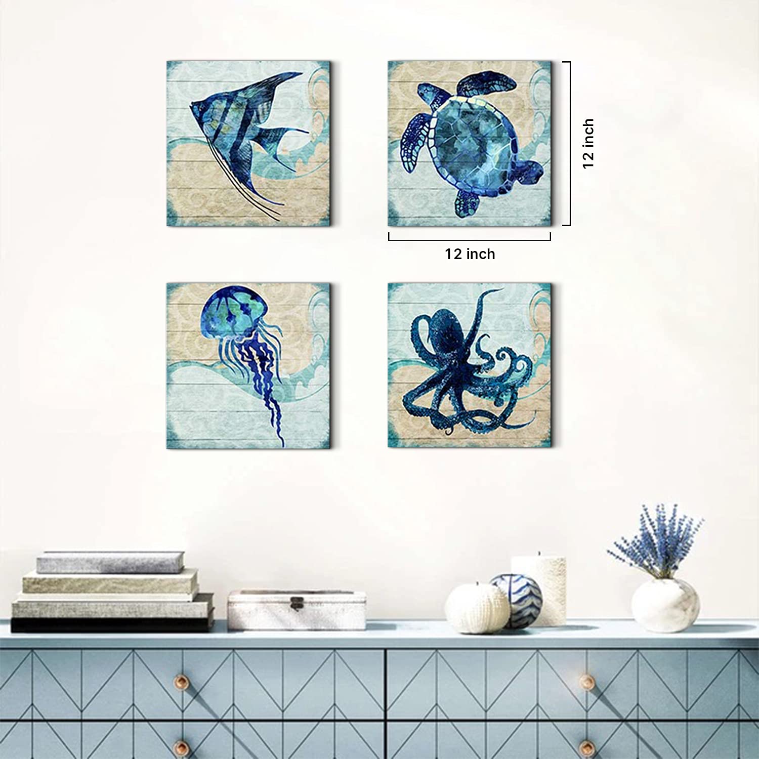 Teal Ocean Animal Bathroom Wall Decor Aqua Blue Octopus Turtle Wall Art Sea Fish Angelfish Canvas Print Mediterranean Style Pain