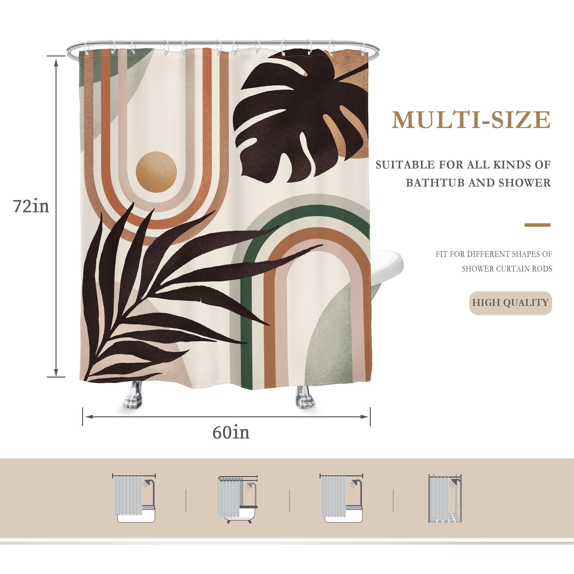Glawry Boho Mid Century Shower Curtain Abstract Tropical Plant Minimalist Bohemian Botanical Palm Leaf Bathroom Modern Geometric
