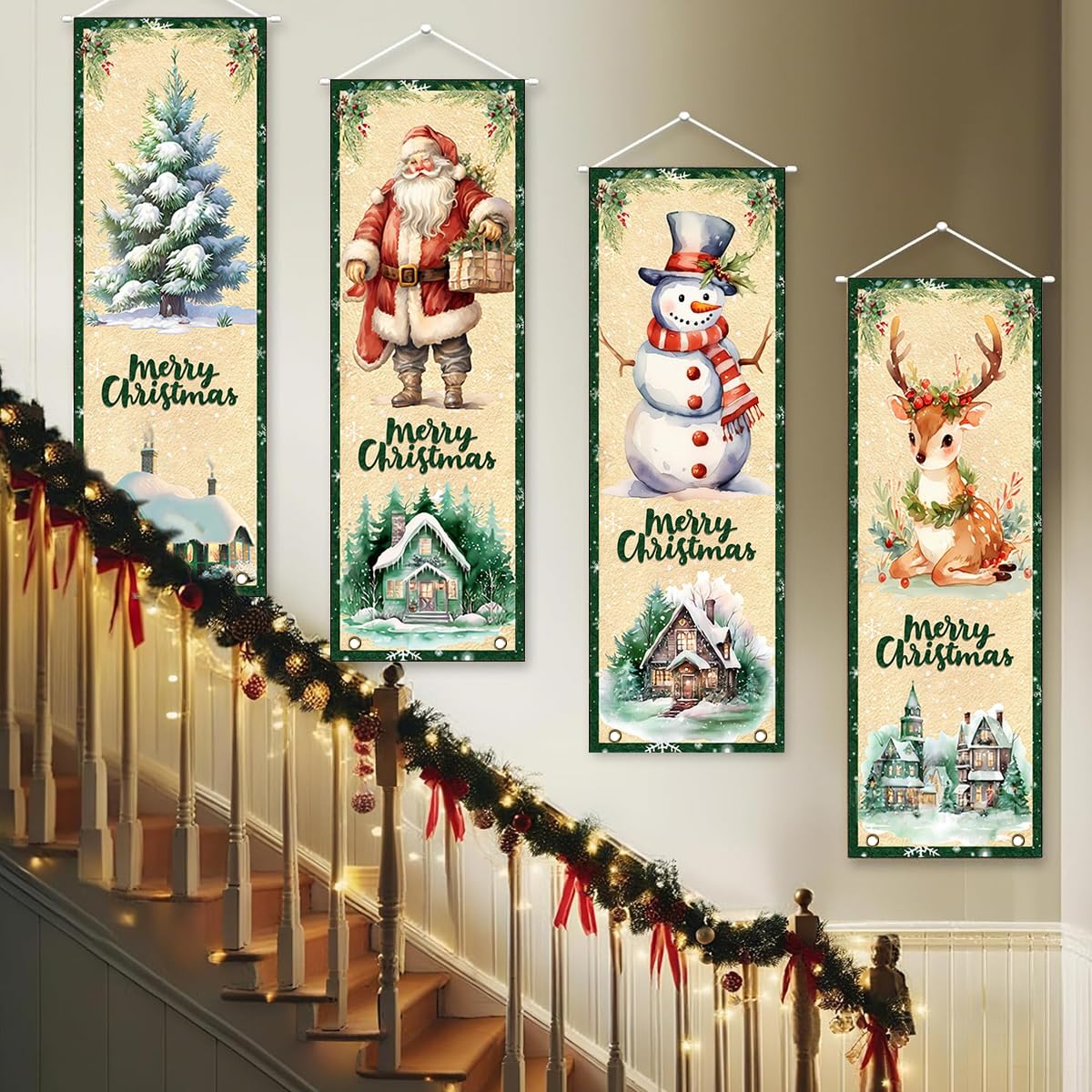 Hasthip 4Pcs Christmas Banners Porch Signs Decor Xmas Hanging Banner Backdrop Decorations Christmas Tree Santa Snowman Elk Hangi
