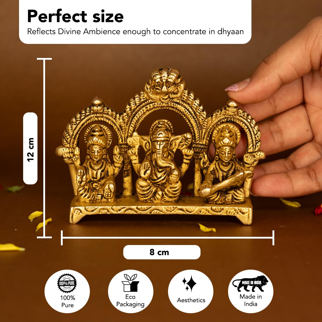 Ekhasa 100% Pure Brass Laxmi Ganesh Saraswati Murti (Size: 8.0 cm) | Lord Ganpati Lakshmi Saraswati Maa Idol for Diwali Puja | G