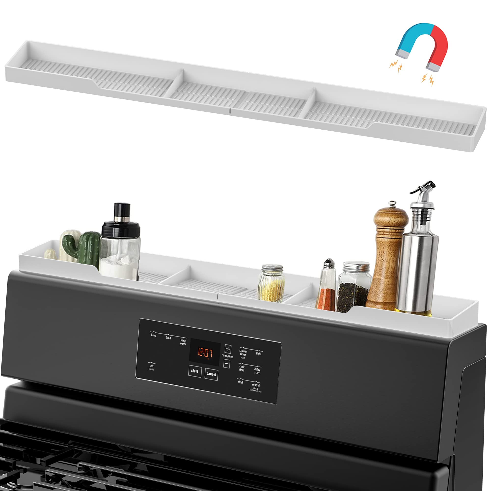 AWOKE Stove Top Shelf 30 Inch - Silicone Material Magnetic Shelf for The Stove - 3 Functional Partitions Kitchen Spice Rack Orga