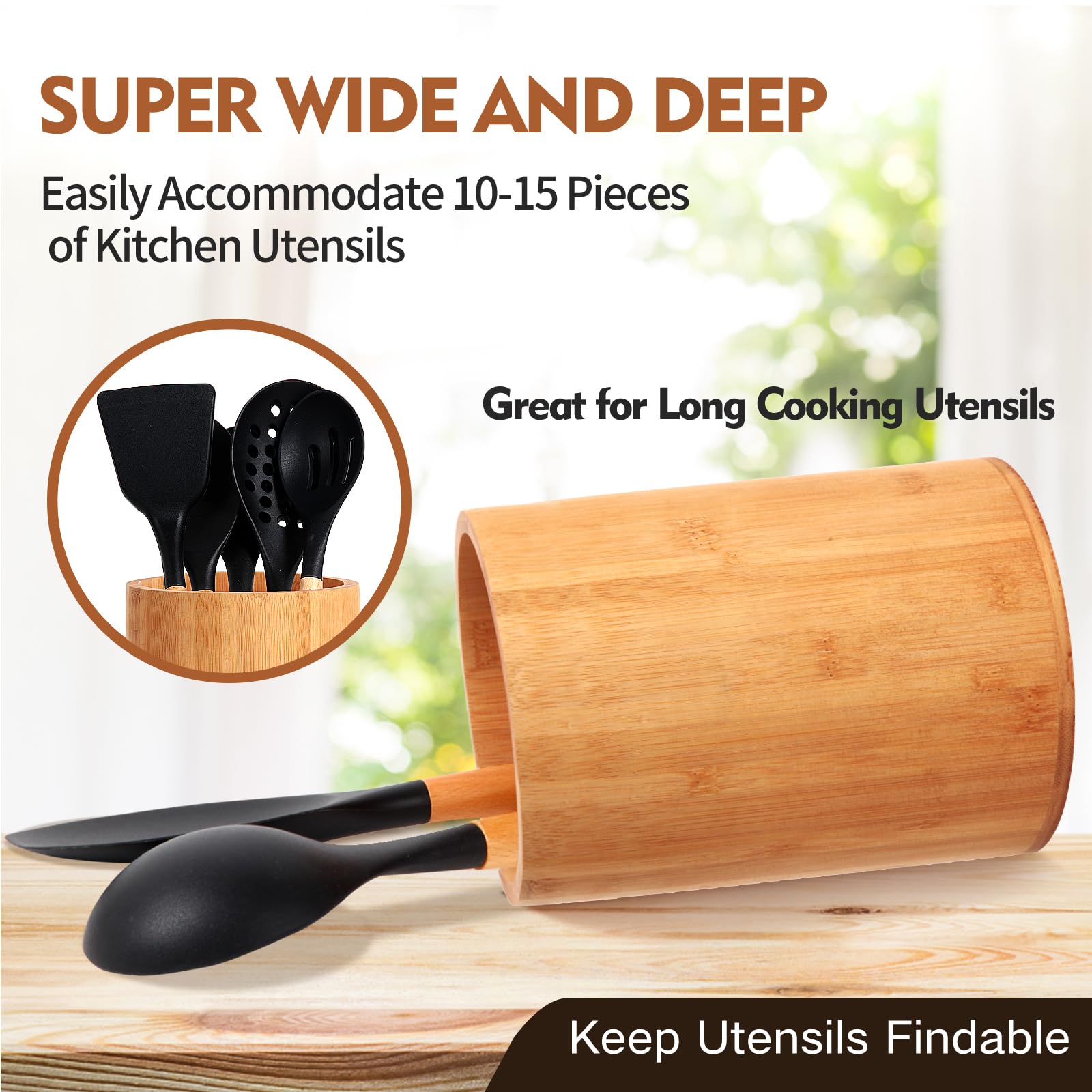 Bamboo Utensil Holder, Large Utensil Holders For Kitchen Counter, Bamboo Spoon And Chopstick Holder For Kitchen Decor, Flatware