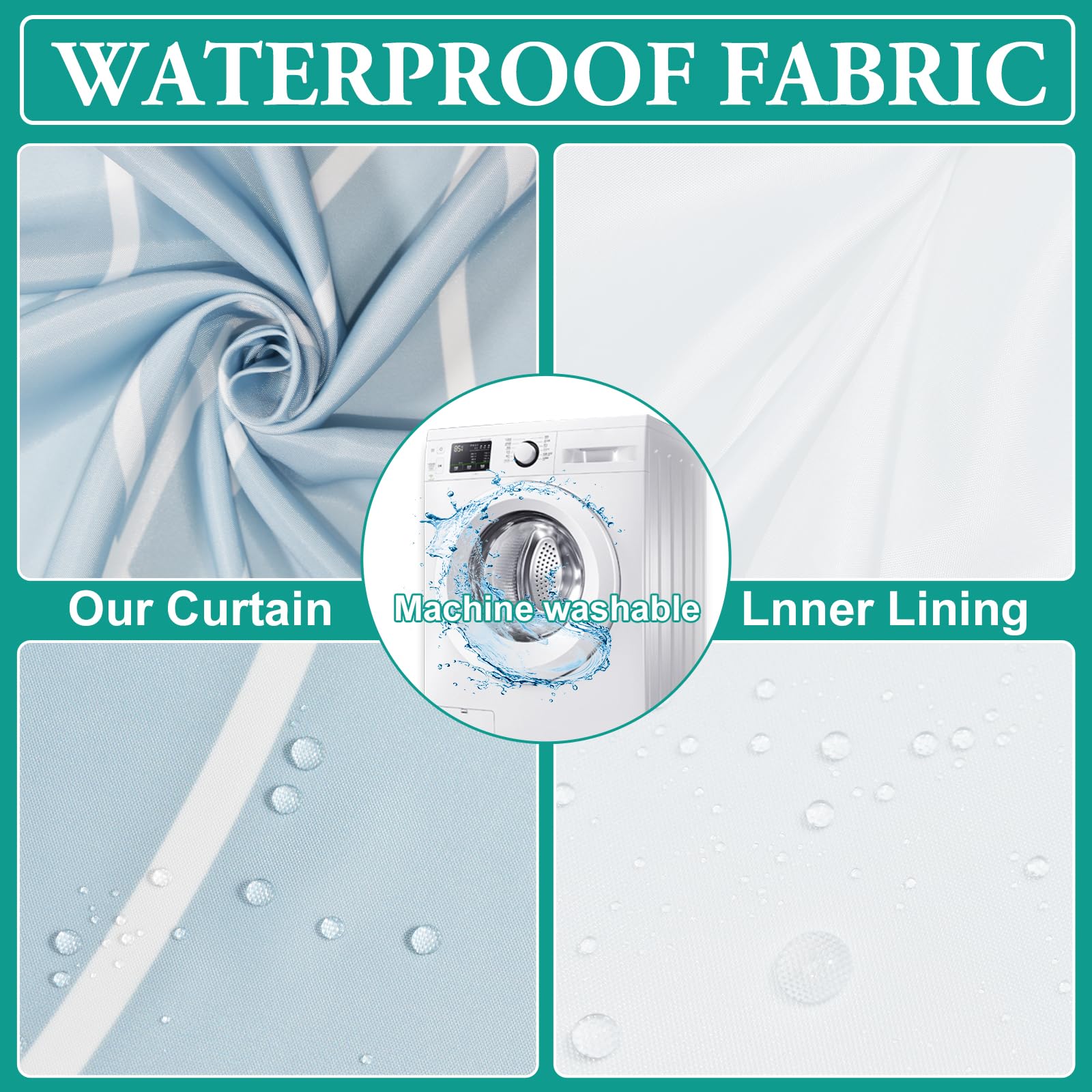 Lxbni No Hook Light Blue Striped Shower Curtain With Snap In Fabric Liner Set - Hotel Shower Curtain And Liner Set With See Thro
