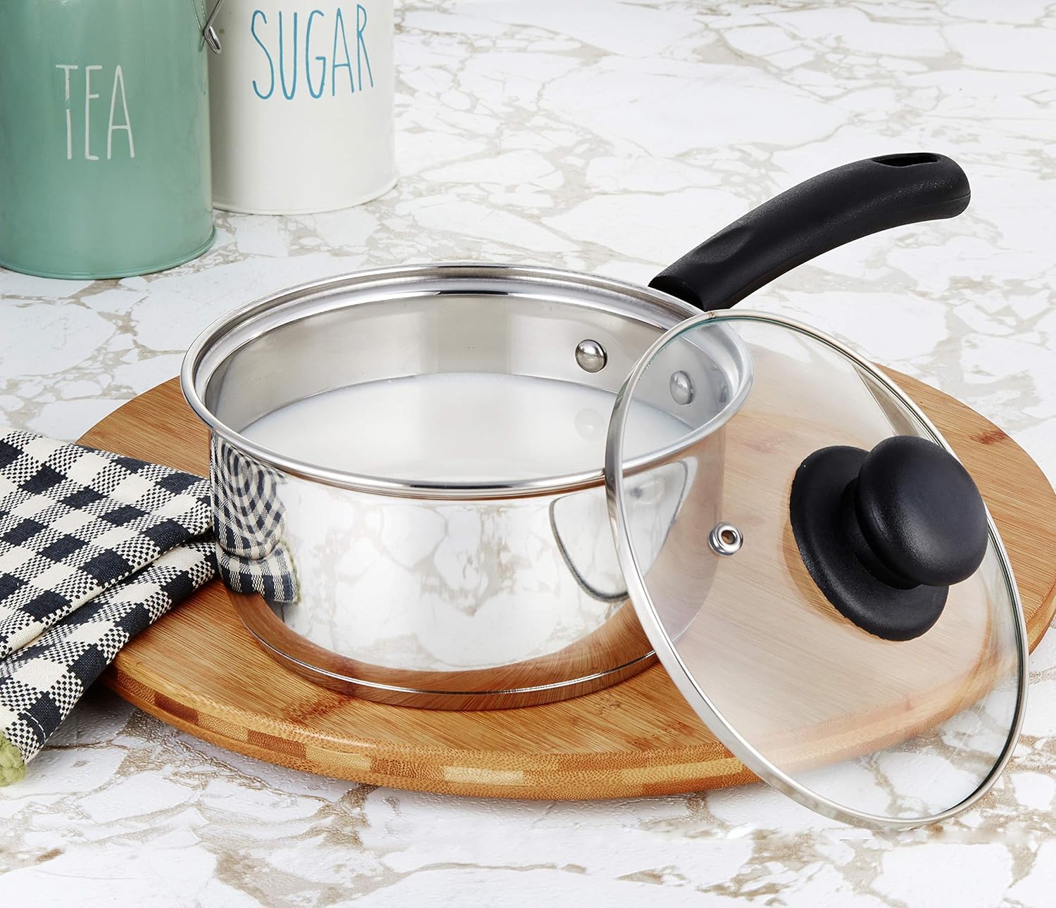 NOBILITY 1.5 quart Stainless Steel Saucepan with Lid, Tempered Glass, StayCool Handle, Induction Ready, Oven Safe, Compatible w