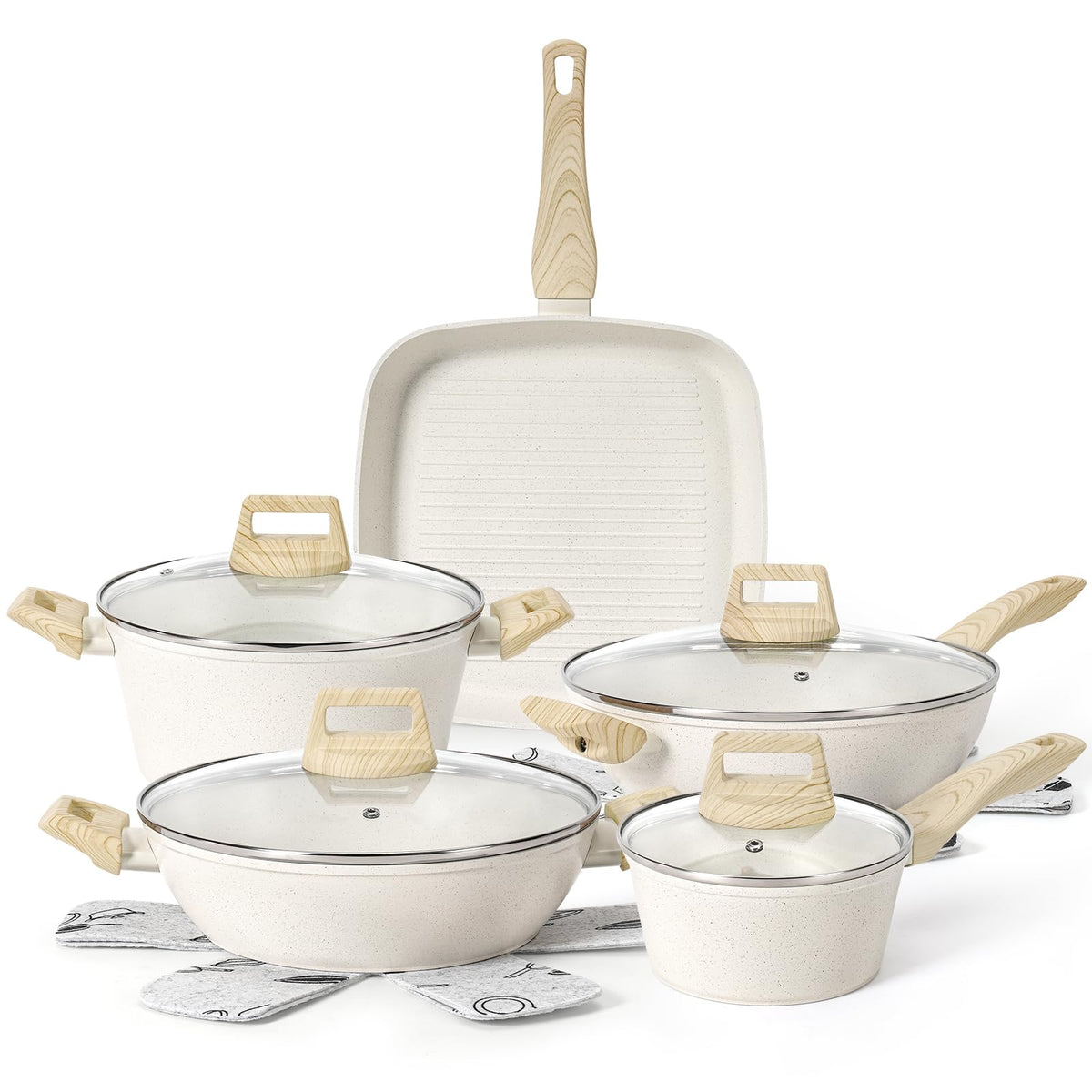 13Pcs Pots and Pans Set, Nonstick Cookware Sets, White Granite Induction Cookware Non Stick Cooking Set with Frying Pans & Sauce