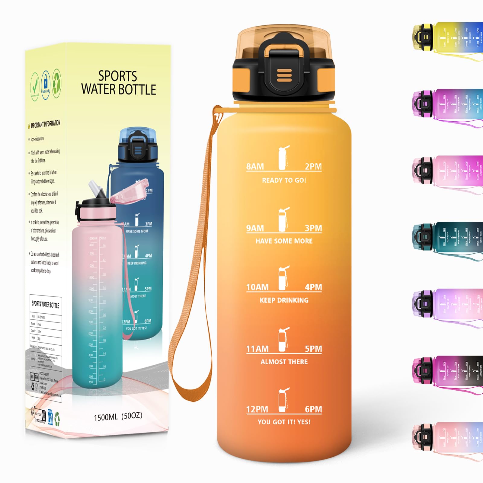 Motswedi Water Bottle with Straw, 1500 ml, BPA-Free, Sports Water Bottles, Leak-Proof, Suitable for Carbonated Drinks, Water Bot