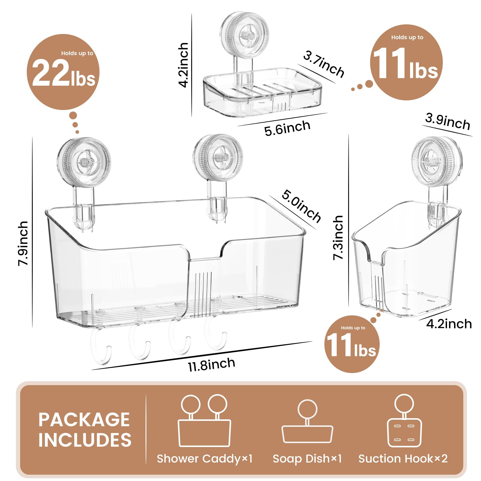 Shower Caddy Suction Cup 3 Packs Clear White - Shower Shelf+Soap Dish+Toothbrush Holder - 1 Second Installation No-Drilling Remo