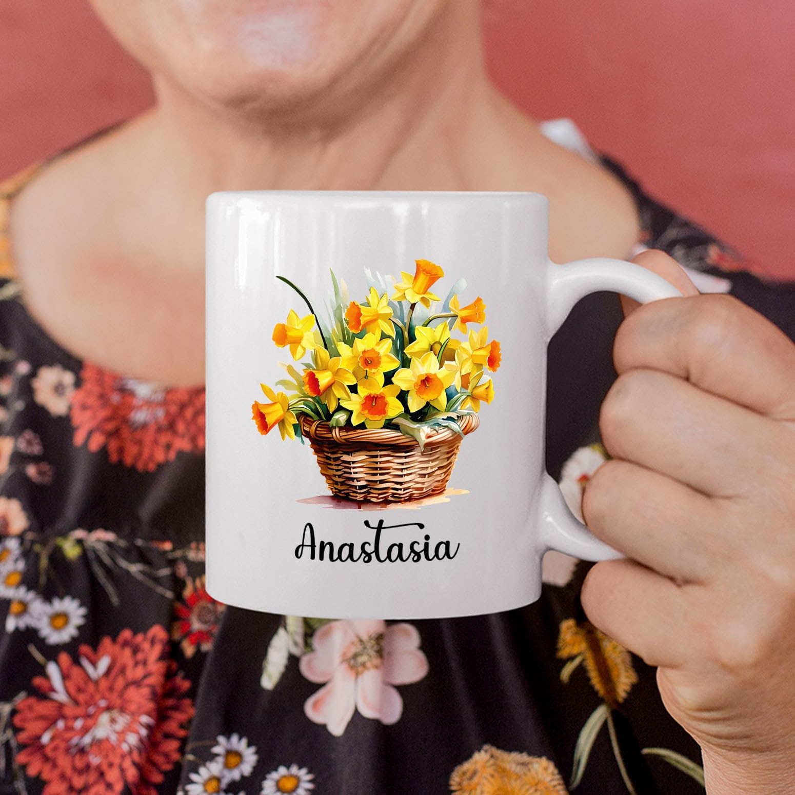 Customized Daffodils Mug Gift with Name, Daffodils Ceramic Cup Present, Personalized Flowers Coffee Mug Present, Custom Floral T