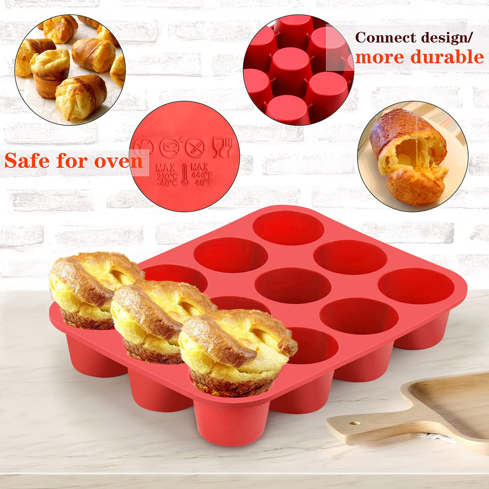 Vodolo 12-Cup Silicone Popover Pans, Non-Stick for Muffins & Brownies, Cherry Red