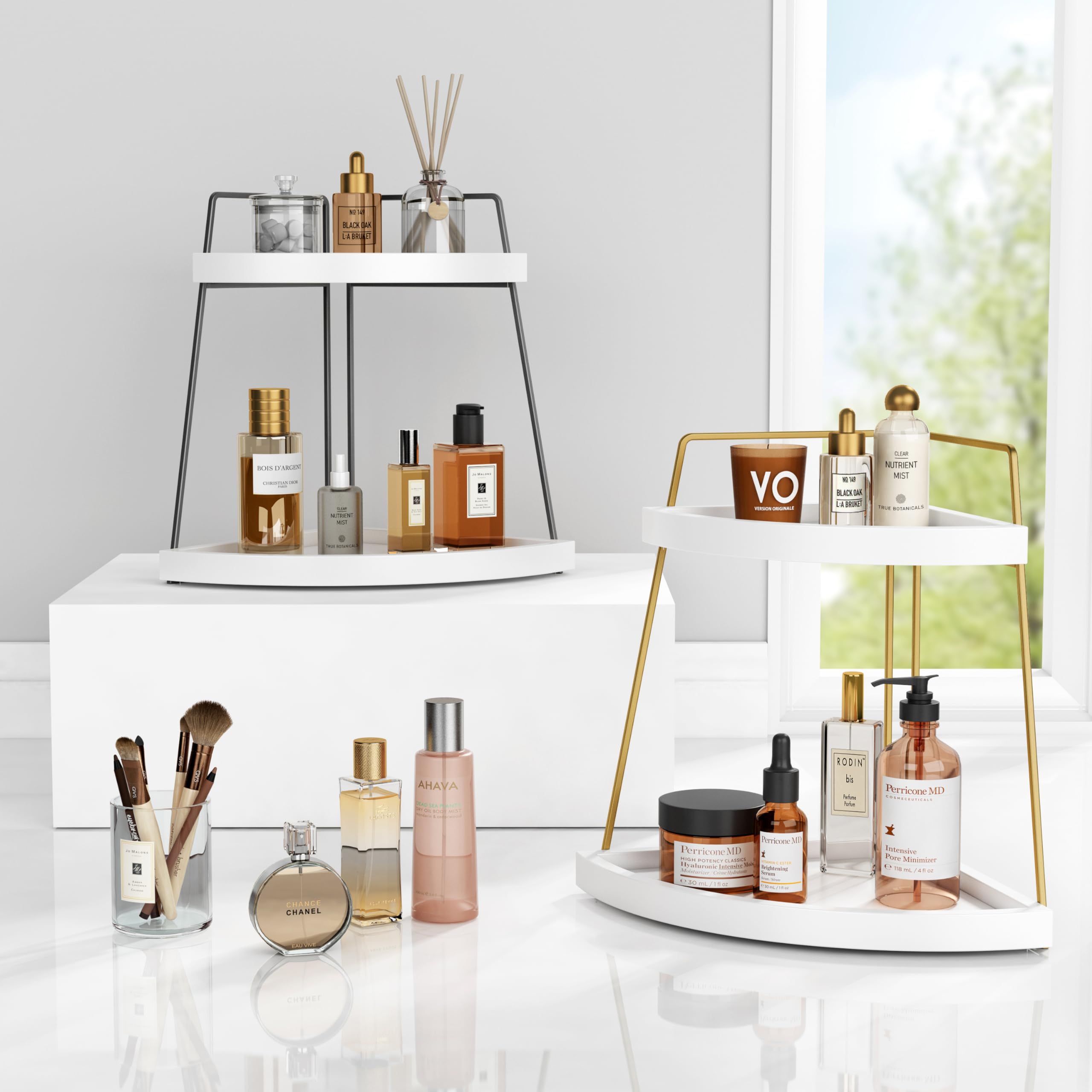 Forbena Corner Bathroom Counter Organizer, White And Gold Countertop Shelf Organizer For Kitchen Sink, 2 Tier Makeup Vanity Tray