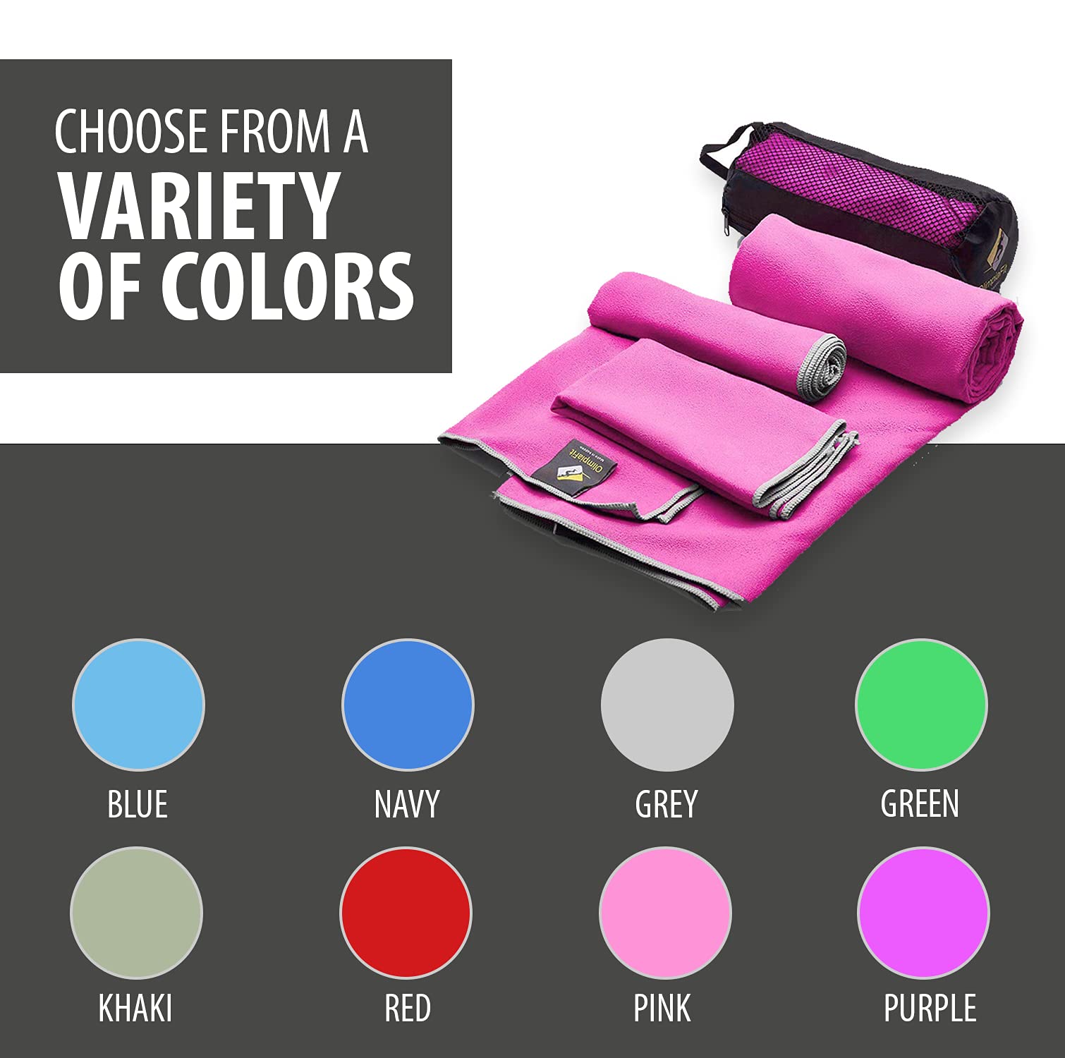 OlimpiaFit Quick Dry Towel - 3 Size Pack of Lightweight Microfiber Travel Towels w/ Bag - Fast Drying Towel Set for Camping  Beach  Gym  Backpacking  Sports  Yoga & Swim Use