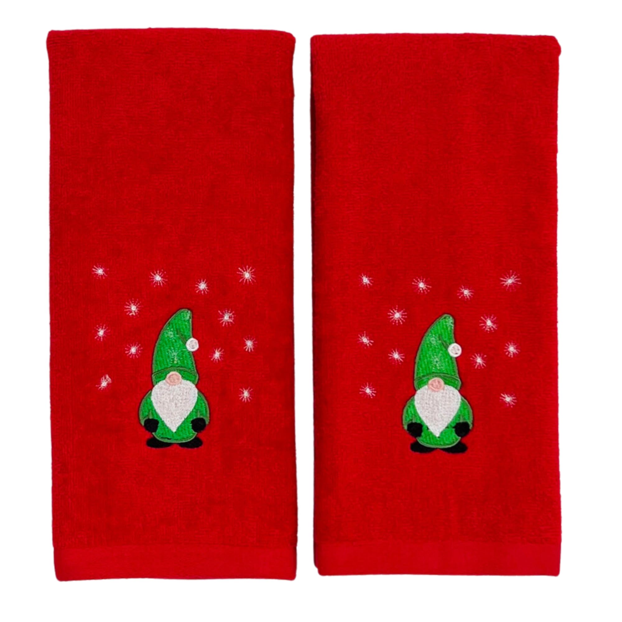 Serafina Home Holiday Christmas Guest Hand Towels: Festive Embroidered Gnome Country Farmhouse Red Terrycloth Towels With Winter