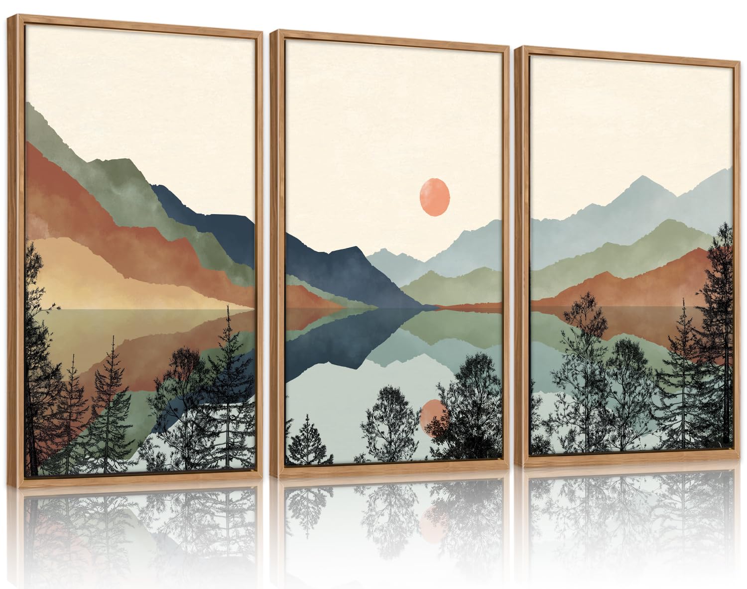 Chditb Mountain Sun Forest Framed Art Prints(Set Of 3, 16   X24   ), Boho Watercolor Nature Landscape Canvas Artwork Painting, A